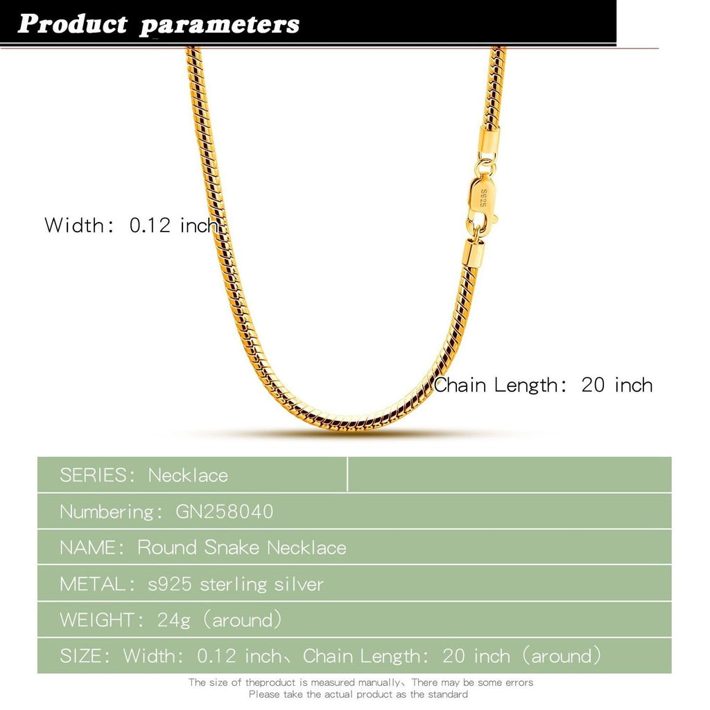 Snake Chain Necklace 3mm Sterling 925 Round Link Serpentine 19in – Silver 3mm