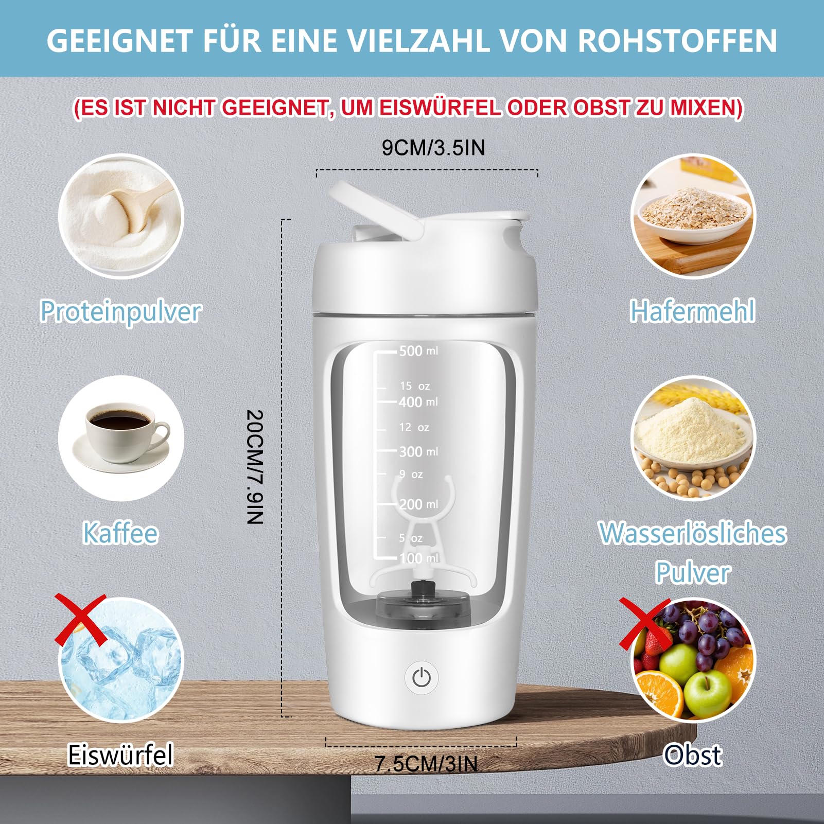 Electric Protein Shaker 650ml USB Rechargeable with Powder Compartment BPA-Free – White
