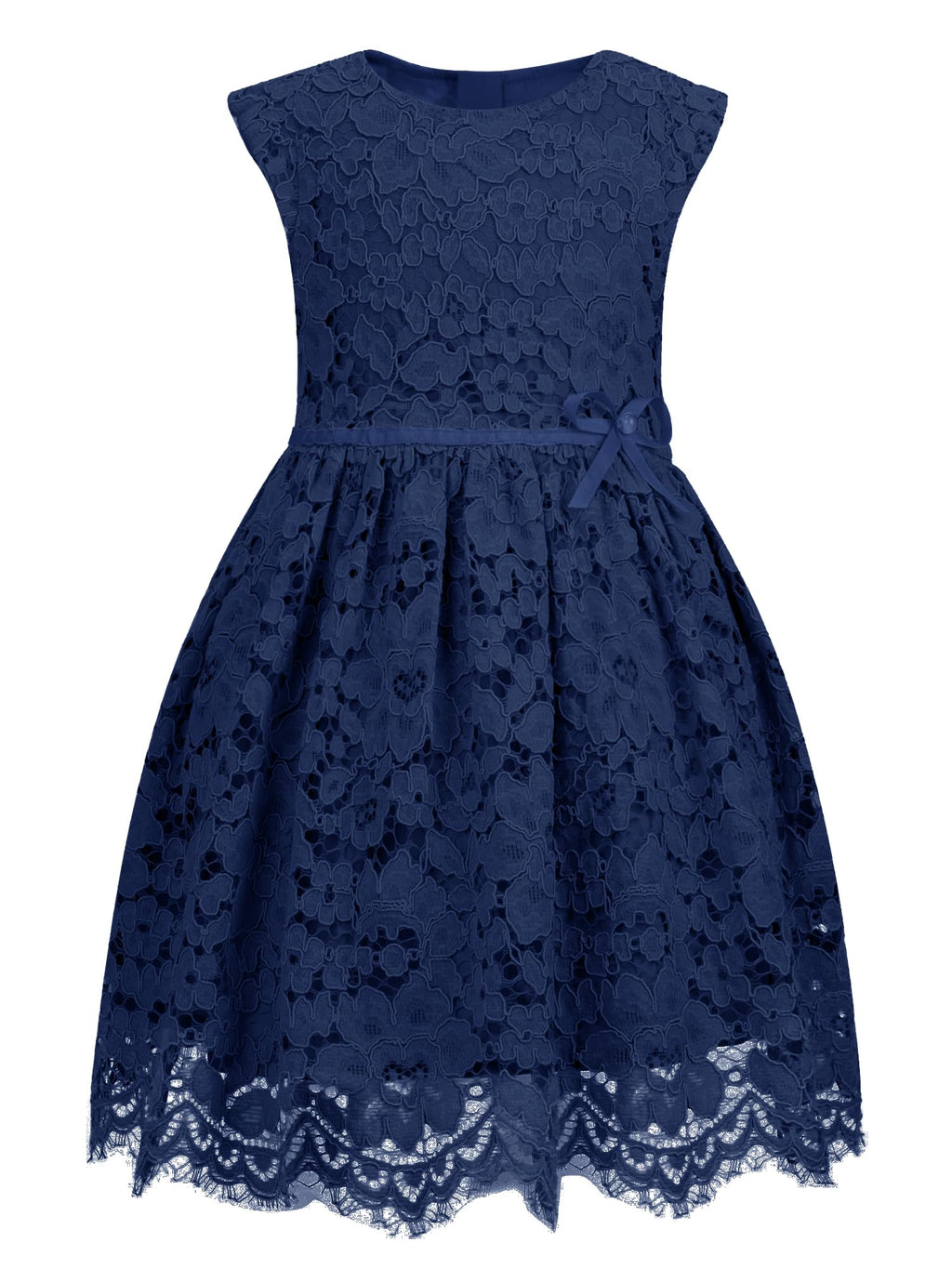 Girls' A-Line Lace Dress Sleeveless Pearl Bow Flower Girl Party – Navy 3-4Y