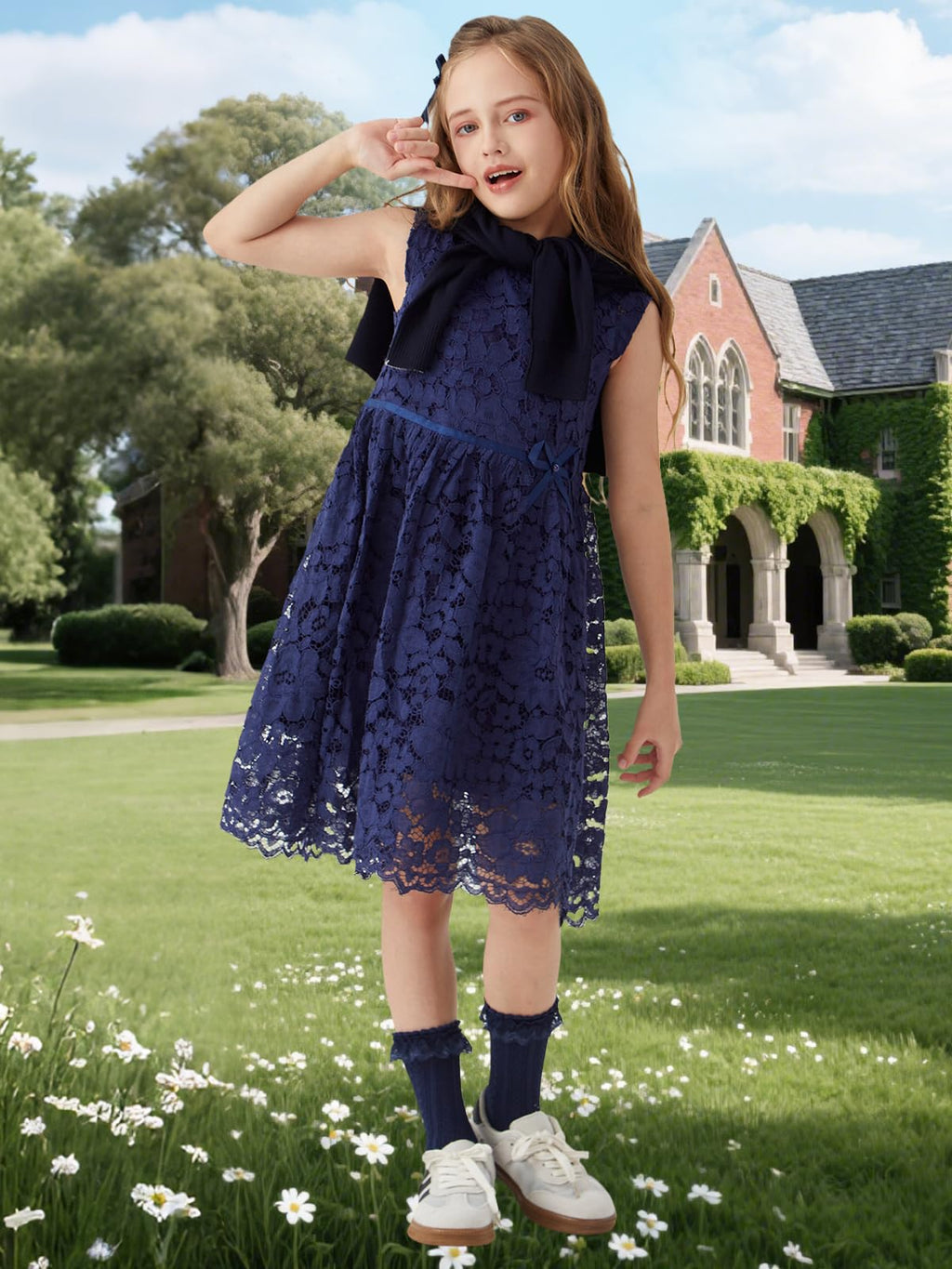 Girls' A-Line Lace Dress Sleeveless Pearl Bow Flower Girl Party – Navy 3-4Y