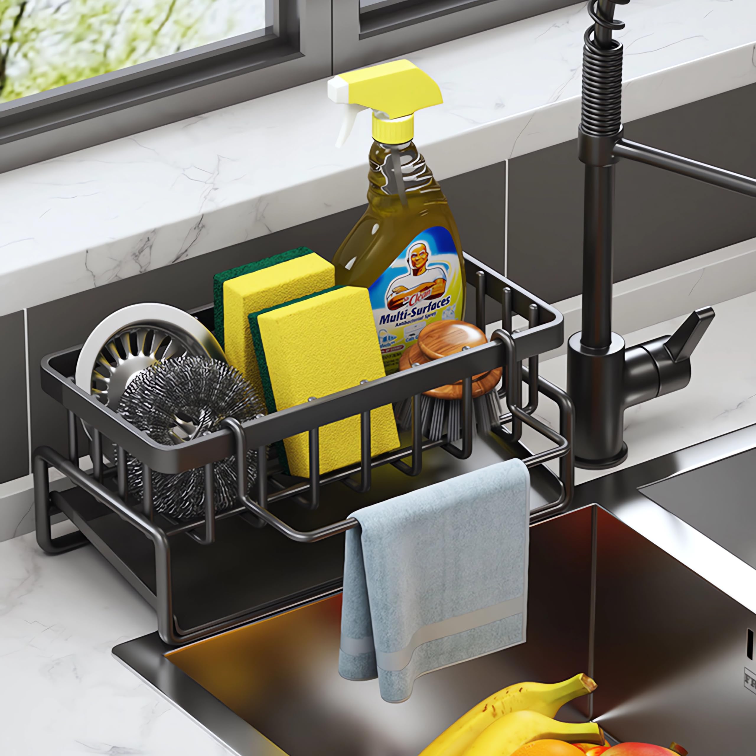 ViWaVee Stainless Steel Kitchen Sink Organizer with Self-Draining Drain Tray, Suitable for Sponge Holder, Towel Holder, Rag Holder, Super Kitchen and Bathroom Accessories (Black).
