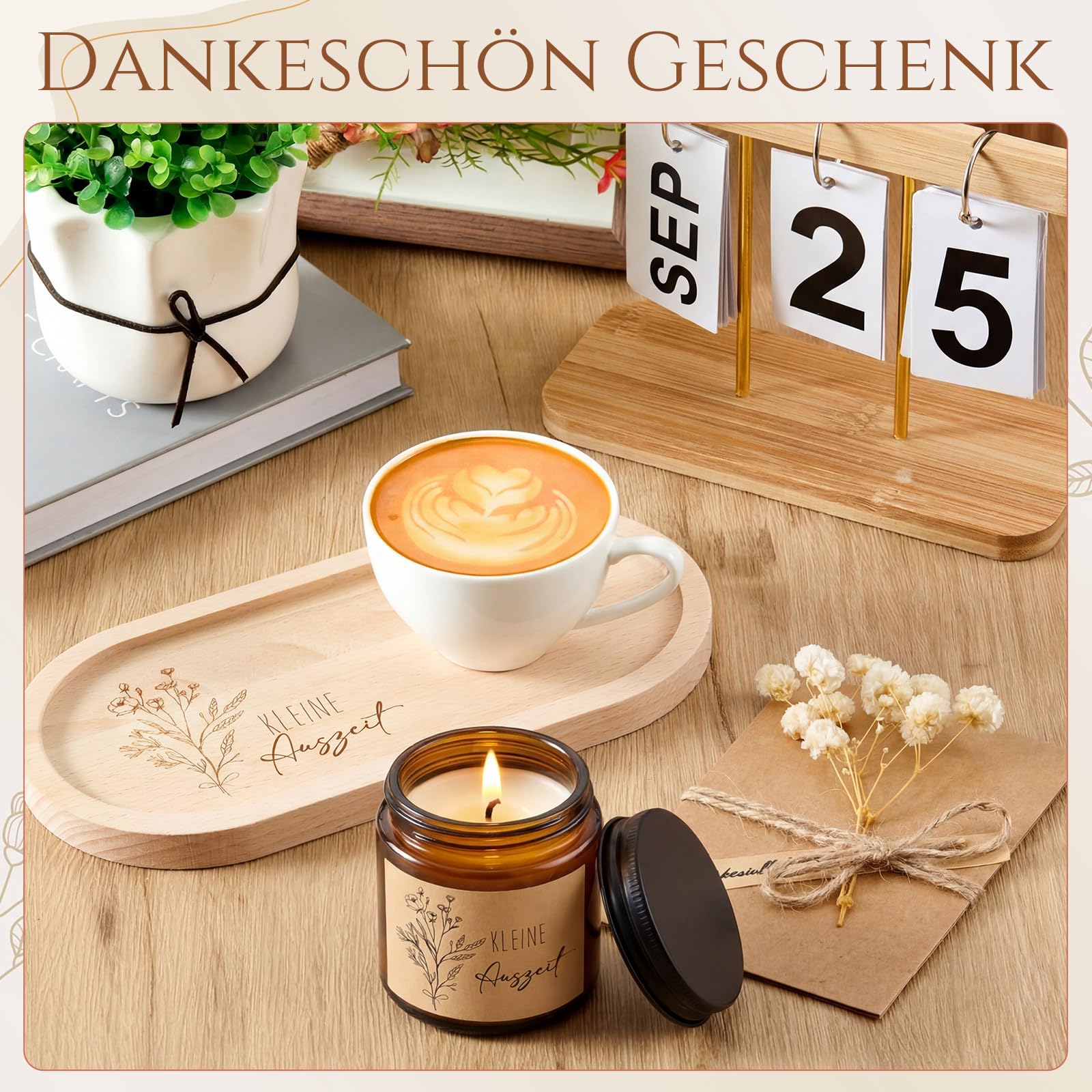 Jasmine Scented Soy Candle in Glass Jar with Engraved Wooden Tray – Gift Set