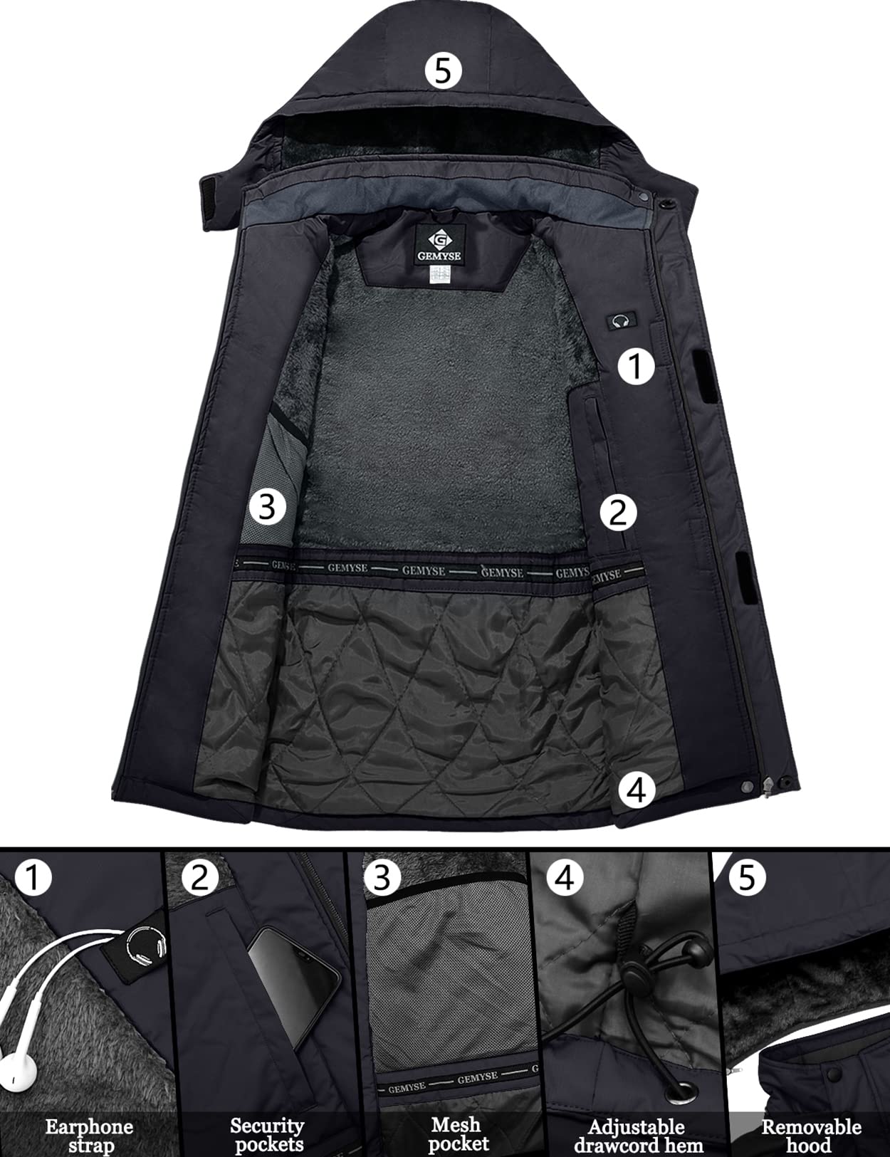 GEMYSE Men's Waterproof Mountain Ski Jacket Fleece Jackets Winter Windproof Hooded Coat (Black,M)