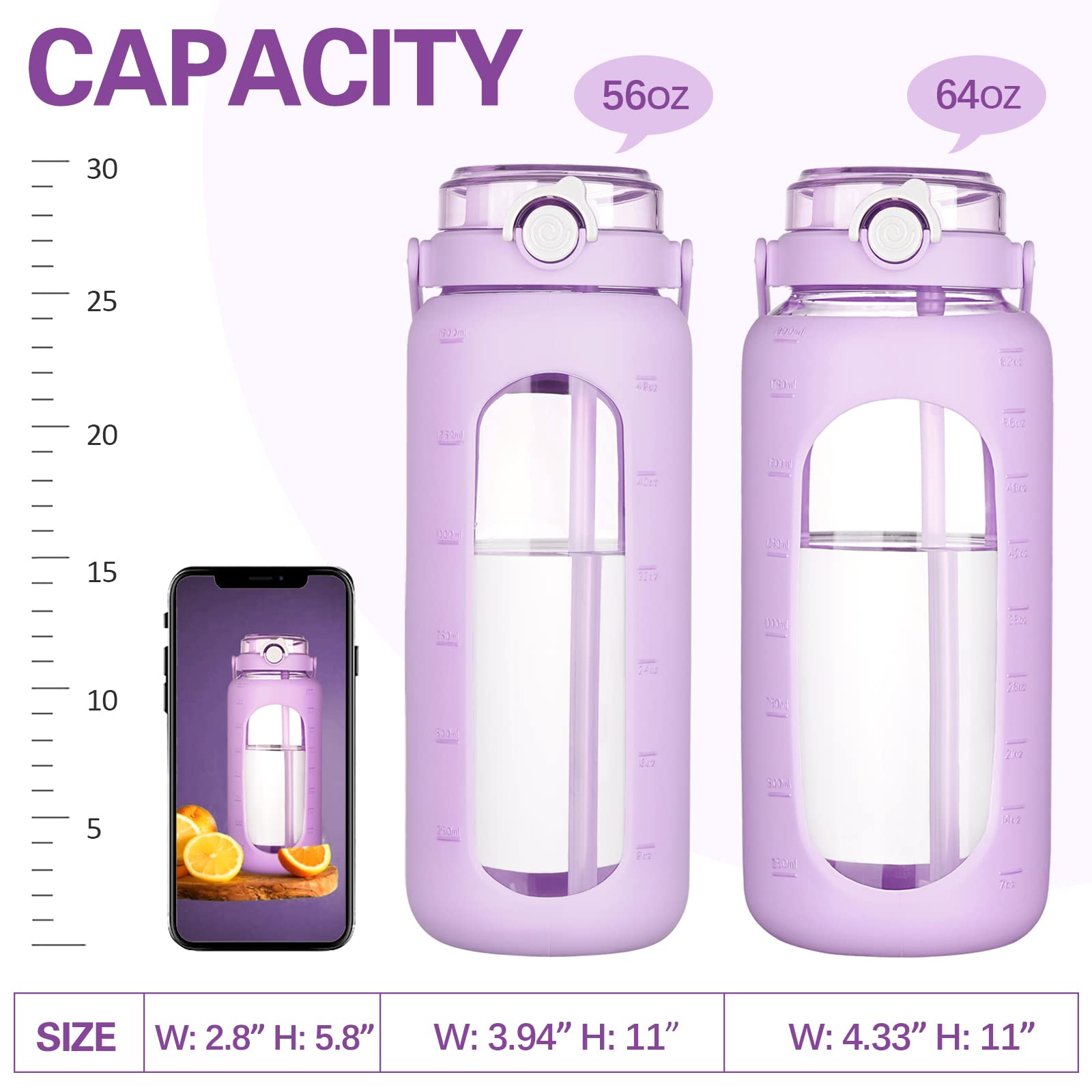 Glass Water Bottle 960ml with Straw & Time Marker Silicone Sleeve Motivational – Purple