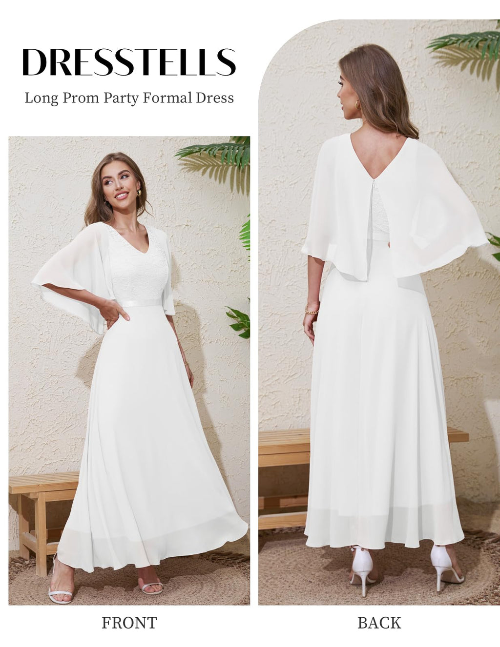 DRESSTELLS Women's Evening Dress Long Elegant for Wedding Dress Cocktail Dress Women Elegant with Sleeves Elastic Waist White L
