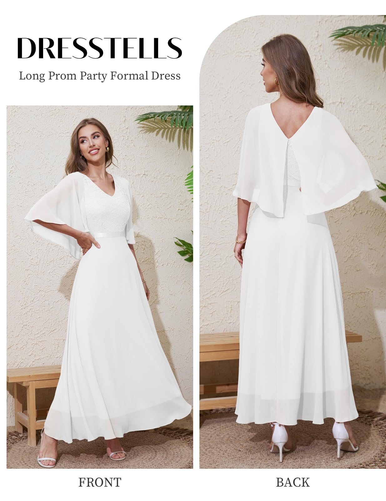DRESSTELLS Women's Evening Dress Long Elegant for Wedding Dress Cocktail Dress Women Elegant with Sleeves Elastic Waist White L