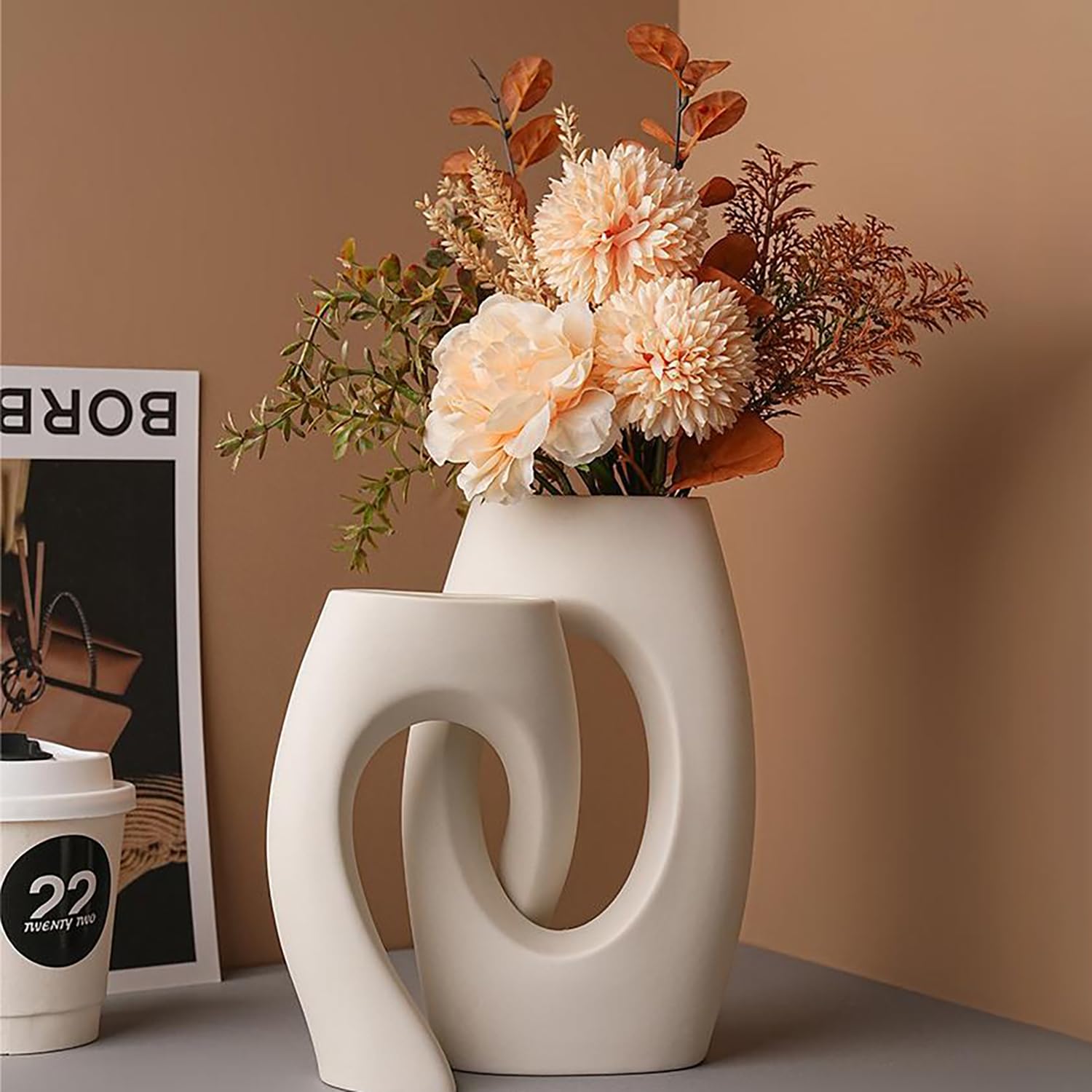 Donut Vase Set of 2 Ceramic Vase White Matt Boho Vase Pampas Grass Vase White Minimalist for Living Room, Bedroom, Kitchen, Office, Wedding Decoration