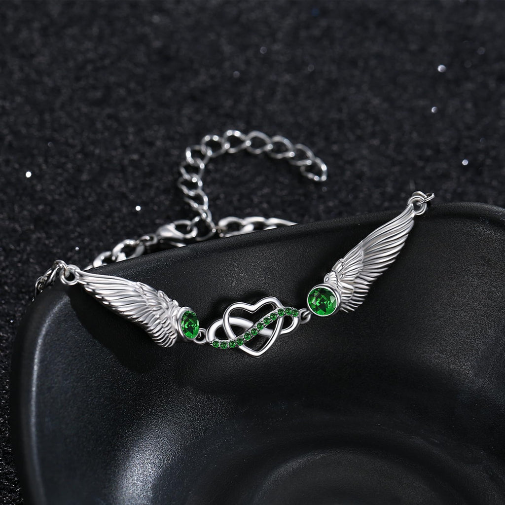 925 Sterling Silver Infinity Bracelet with Heart & Wings April Stone – Silver 15cm+5cm