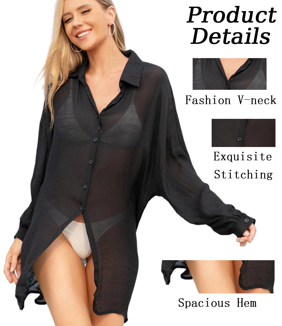 Women’s Beach Cover-Up V-Neck Sheer Beach Dress Poncho – Long