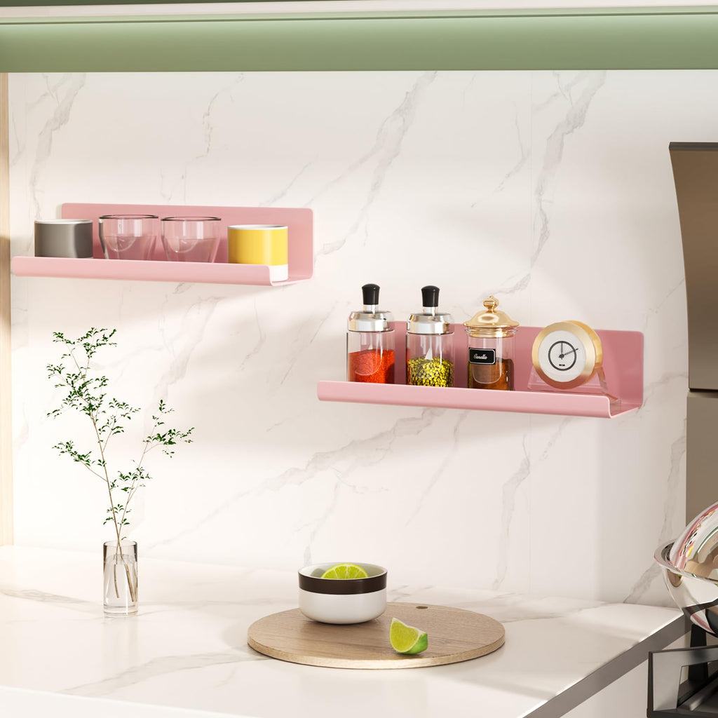 WELDUN Floating Shelves, Set of 2 Wall Shelves Picture Ledge Display, Decorative Wall Shelves for Living Room, Bedroom, Bathroom, Kitchen, Home Office, Laundry Room, Plastic, Pink