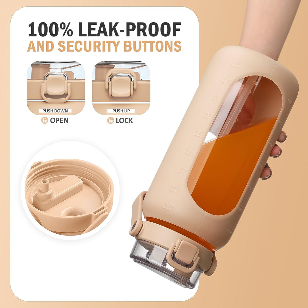 Glass Water Bottle 960ml with Straw & Time Marker Silicone Sleeve – Amber