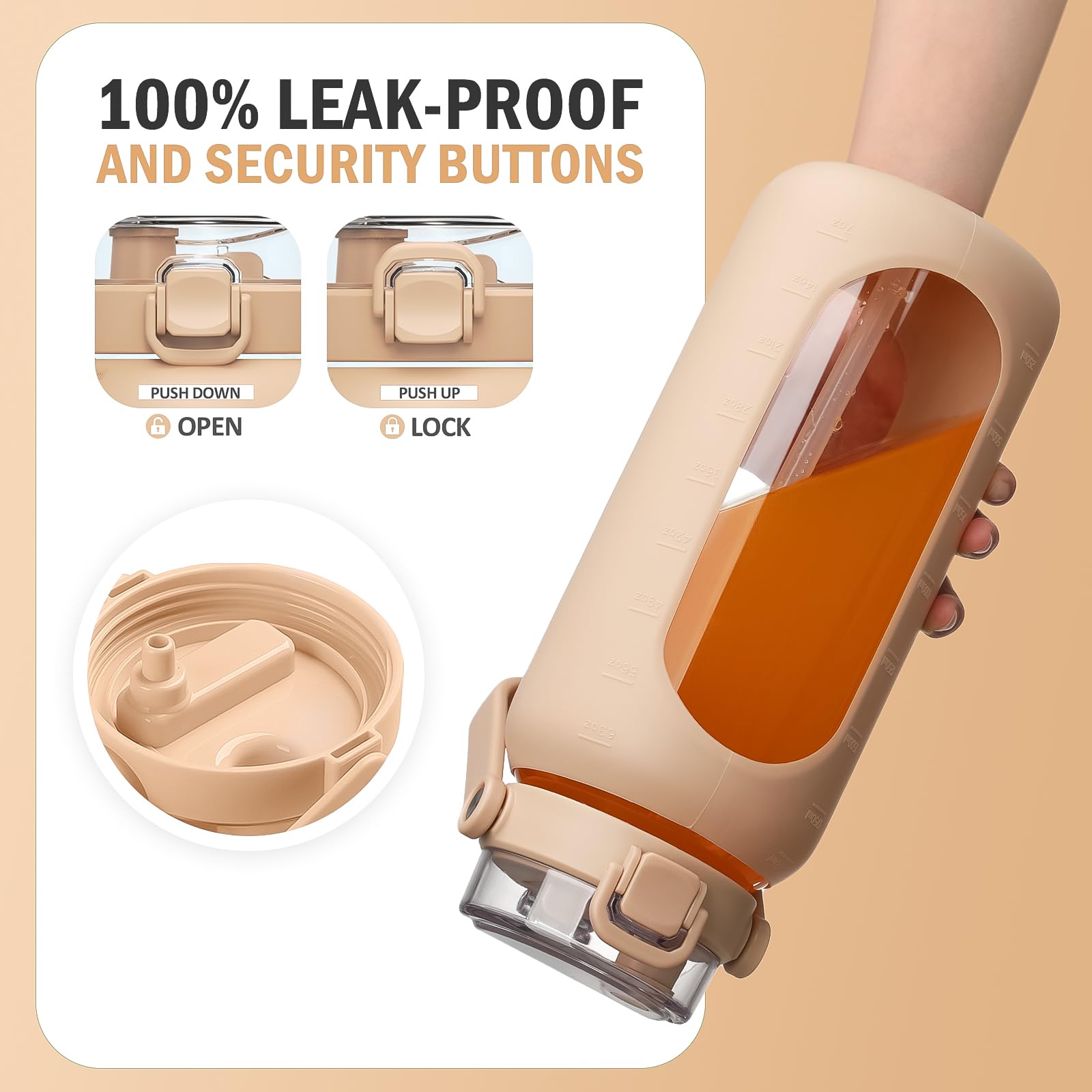 Glass Water Bottle 960ml with Straw & Time Marker Silicone Sleeve – Amber