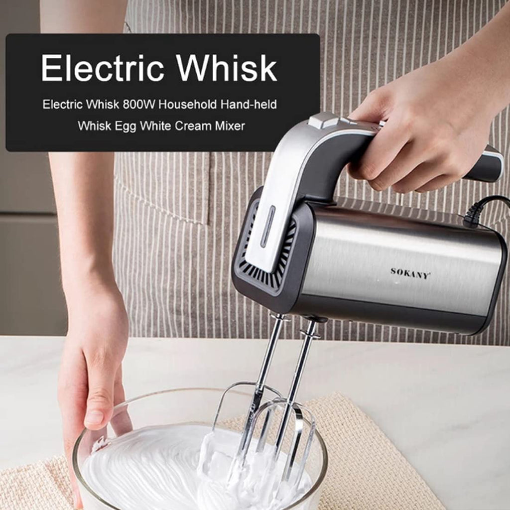 SOKANY 800W Hand Mixer Stainless Steel Kneader Hand Mixer, 5 Speeds with Exit Button, Hand Mixer with 2 Dough Hooks & 2 Beaters (SK-6651)