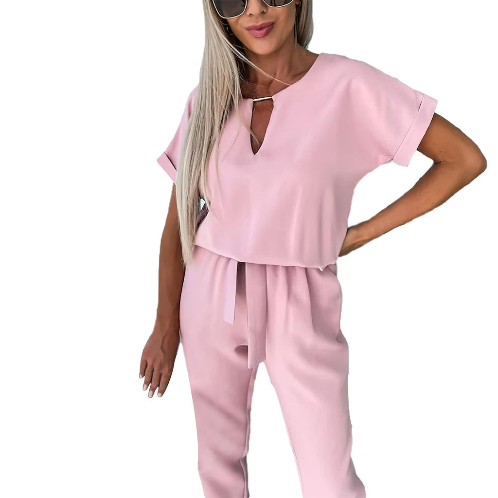 Women's Short Sleeve V-Neck Jumpsuit with Belt Elegant Summer Pants – Pink XL