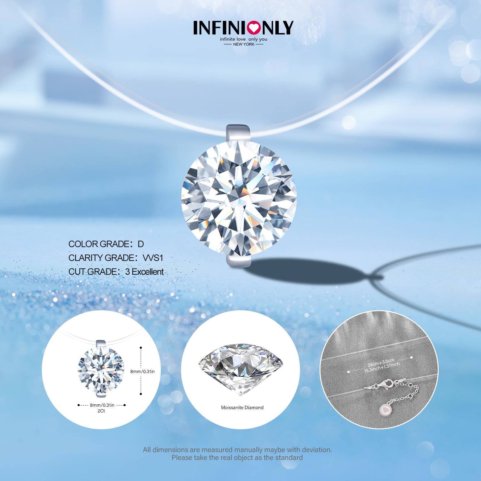 Women’s Moissanite Necklace 2ct 8mm D VVS1 – Nylon Chain