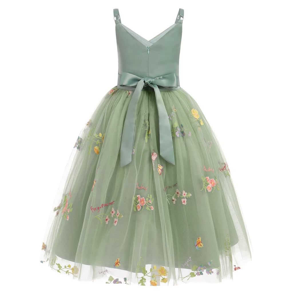 Odizli Flower Girl Dresses Princess Dress Girls Children Sleeveless V-Neck A-Line Tulle Dress Festive Wedding First Communion Communion Dress Evening Dress Long Ball Gown Green Embroidery 10 Years