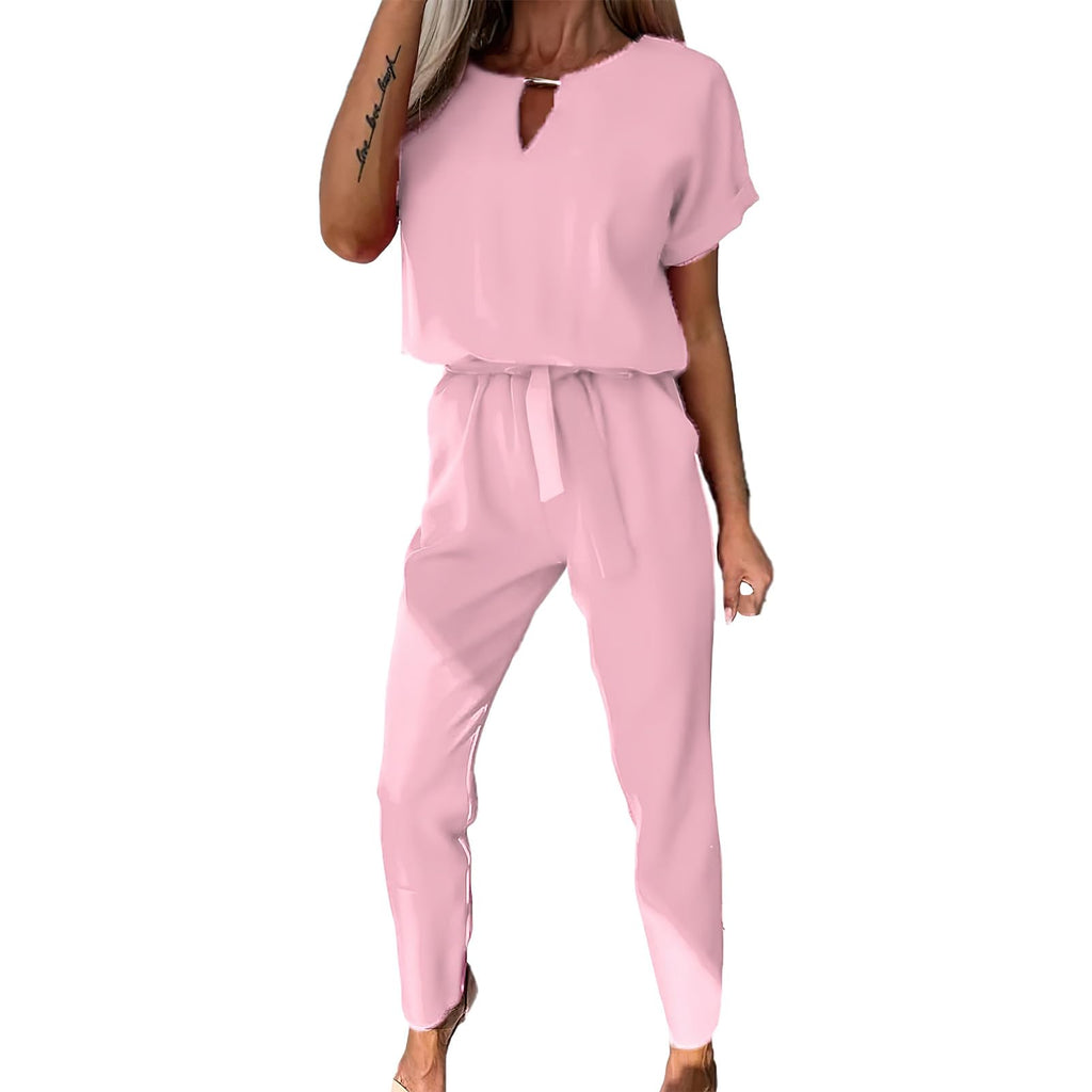 Women's Short Sleeve V-Neck Jumpsuit with Belt Elegant Summer Pants – Pink XL
