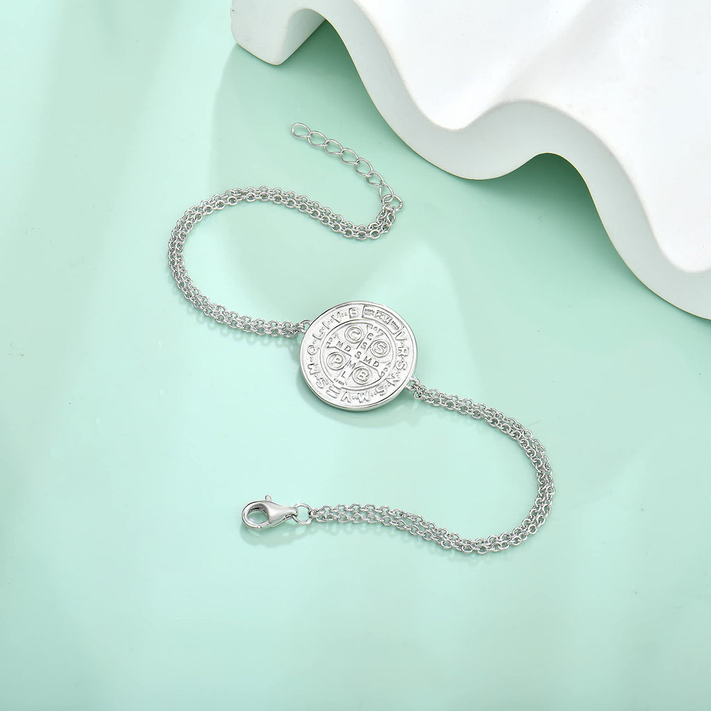 Saint Benedict 925 Sterling Silver Talisman Bracelet Round Coin Antiqued Unisex – Silver