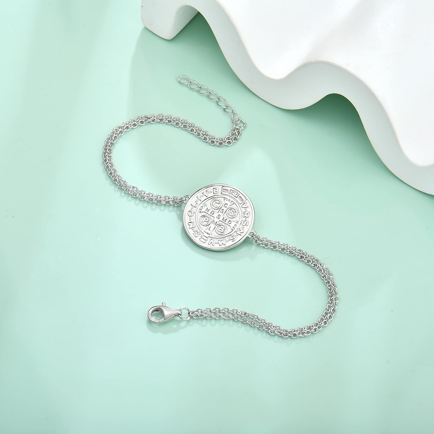 Saint Benedict 925 Sterling Silver Talisman Bracelet Round Coin Antiqued Unisex – Silver