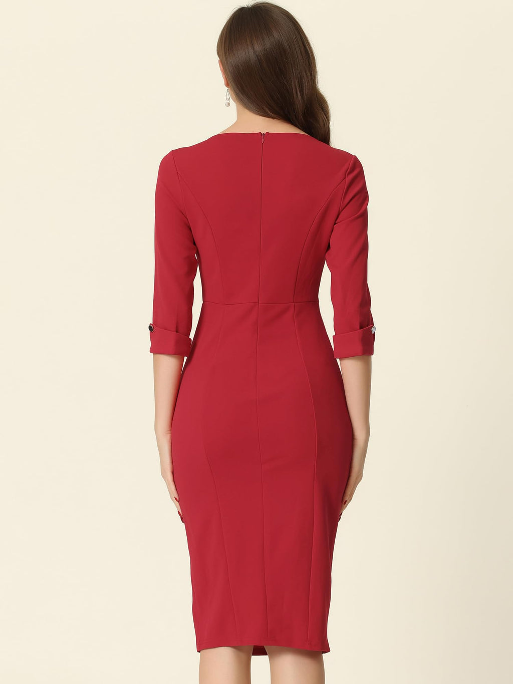 Women's Boat Neck Work Dress 3/4 Sleeves A-Line Elegant – Red M