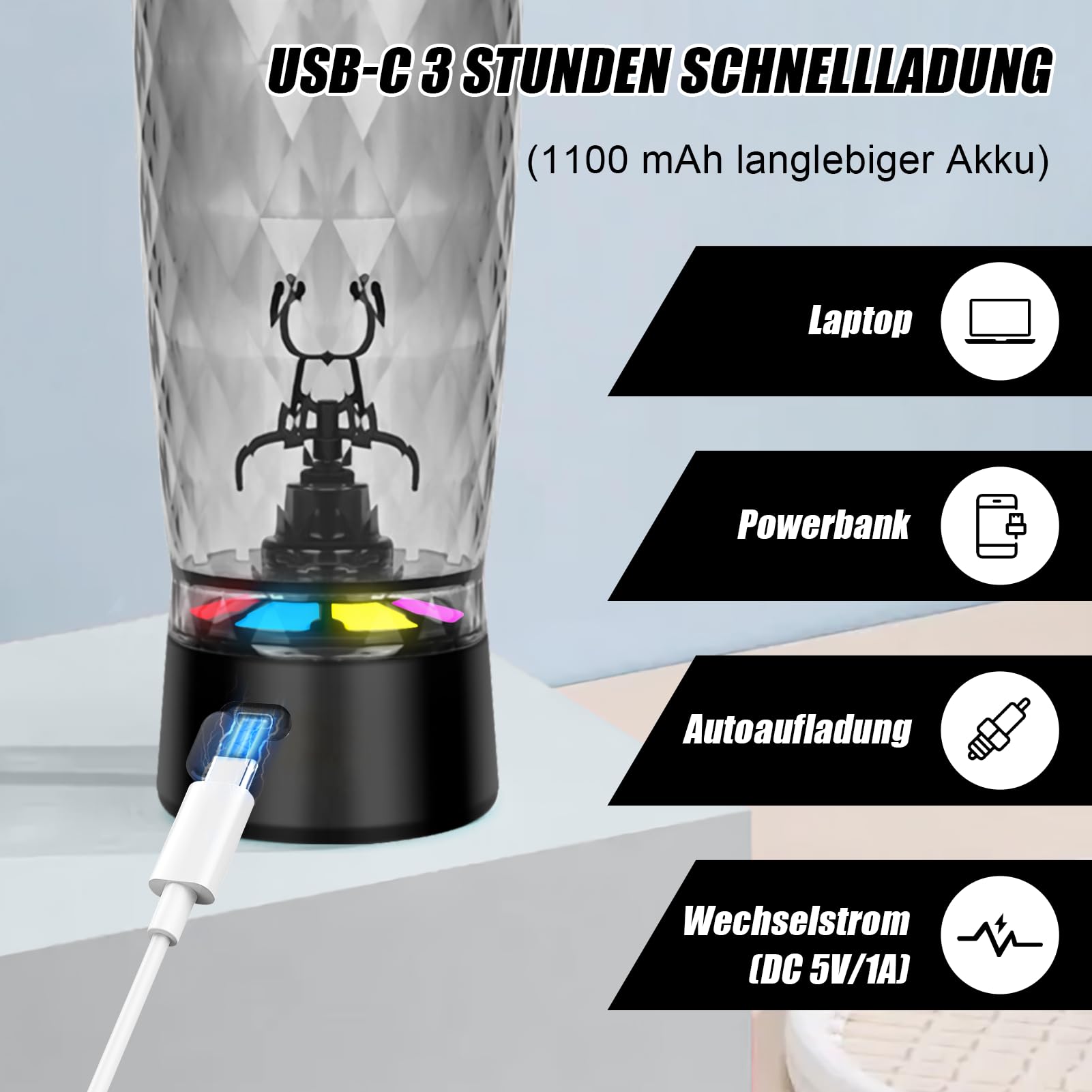SOARFLY Electric Shaker, 650ml Electric Protein Shaker, USB C Rechargeable Protein Shaker Bottle, Electric Shaker with Powder Compartment, BPA Free, Black
