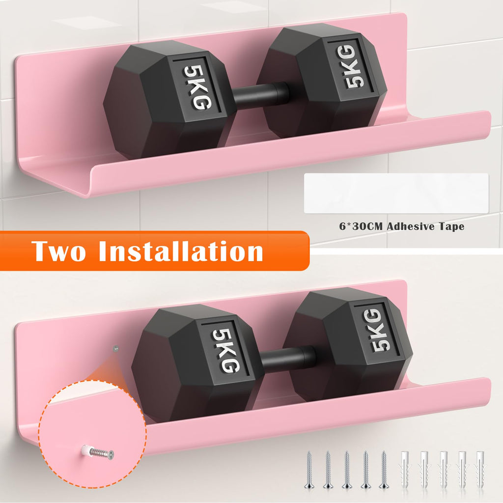WELDUN Floating Shelves, Set of 2 Wall Shelves Picture Ledge Display, Decorative Wall Shelves for Living Room, Bedroom, Bathroom, Kitchen, Home Office, Laundry Room, Plastic, Pink