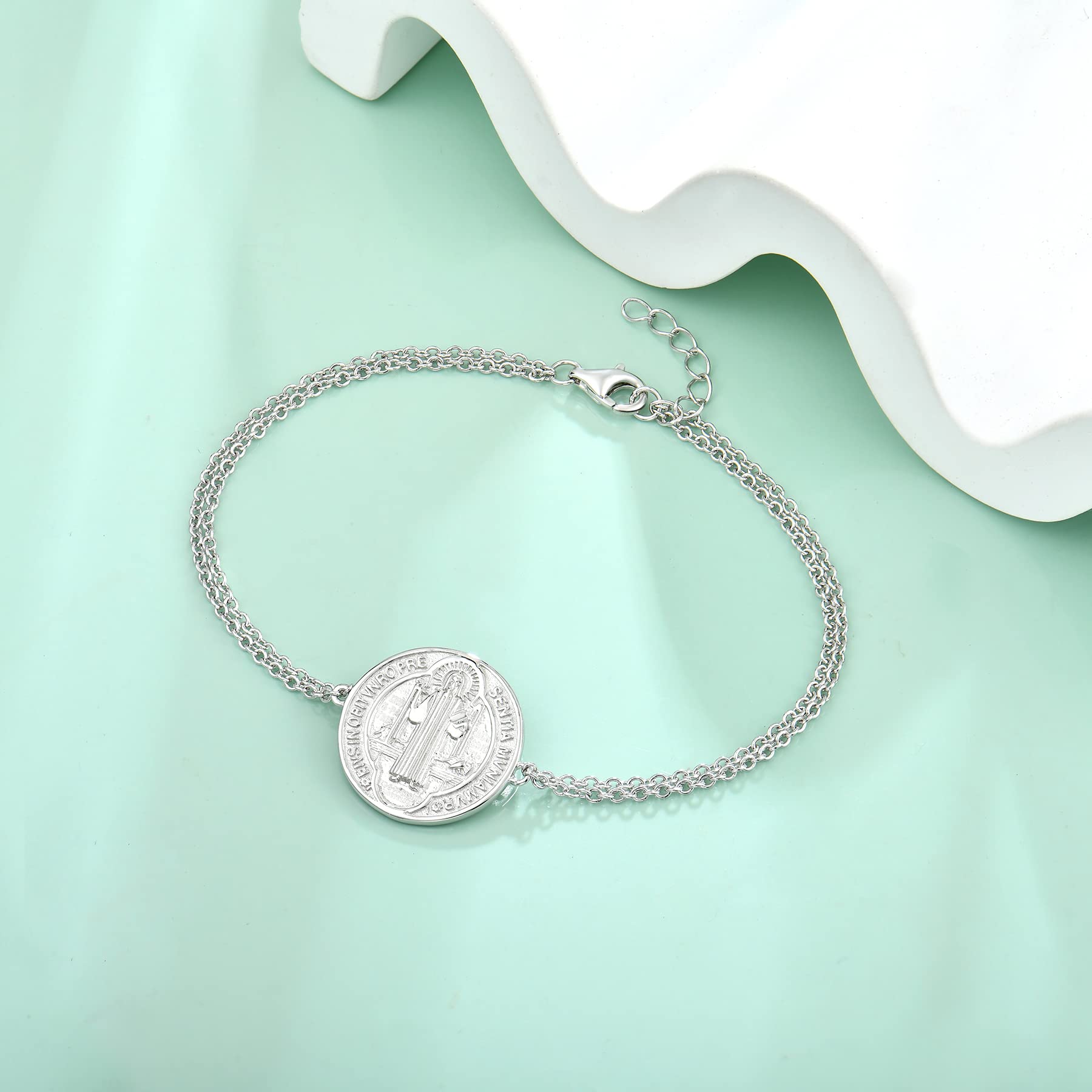 Saint Benedict 925 Sterling Silver Talisman Bracelet Round Coin Antiqued Unisex – Silver