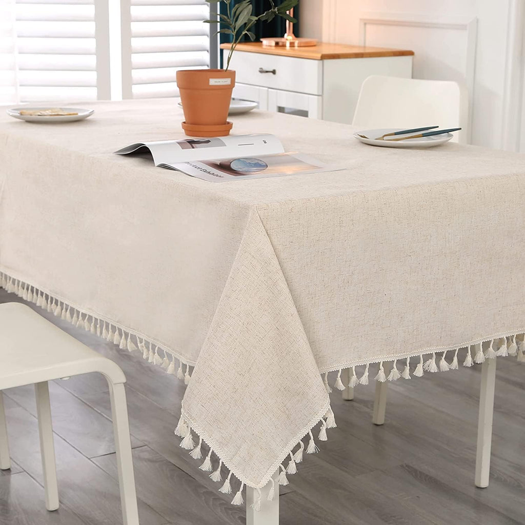 SUCHDECO Beige Tablecloth Large Linen Rectangular Tablecloth Washable Linen Tablecloth Garden Tablecloth for Birthday Party Wedding Beer Table with Tassel Table Linen, 140 x 300 cm