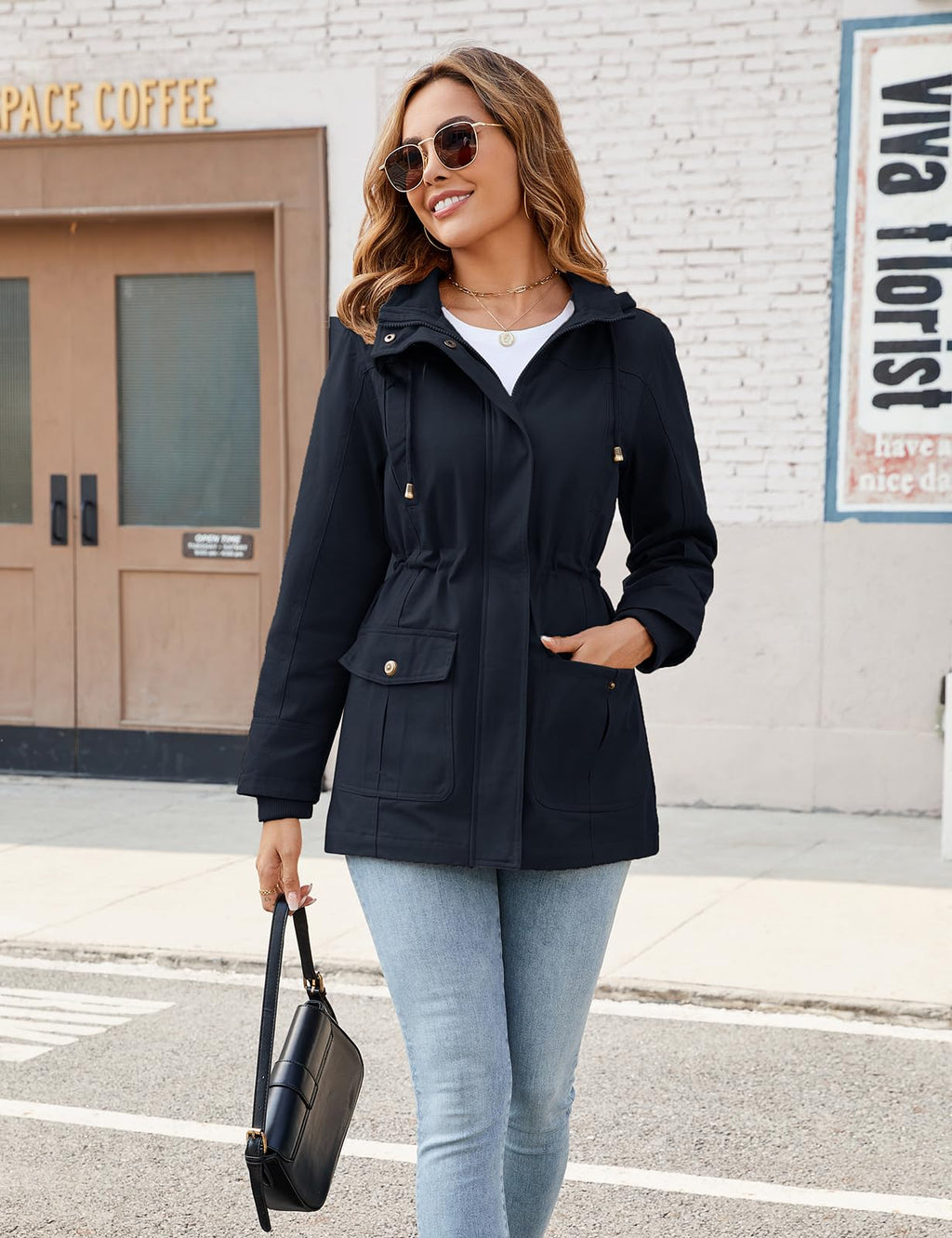 Ladies Lightweight Casual Jacket Cotton Outdoor Zip Up Hood – Navy Blue XL