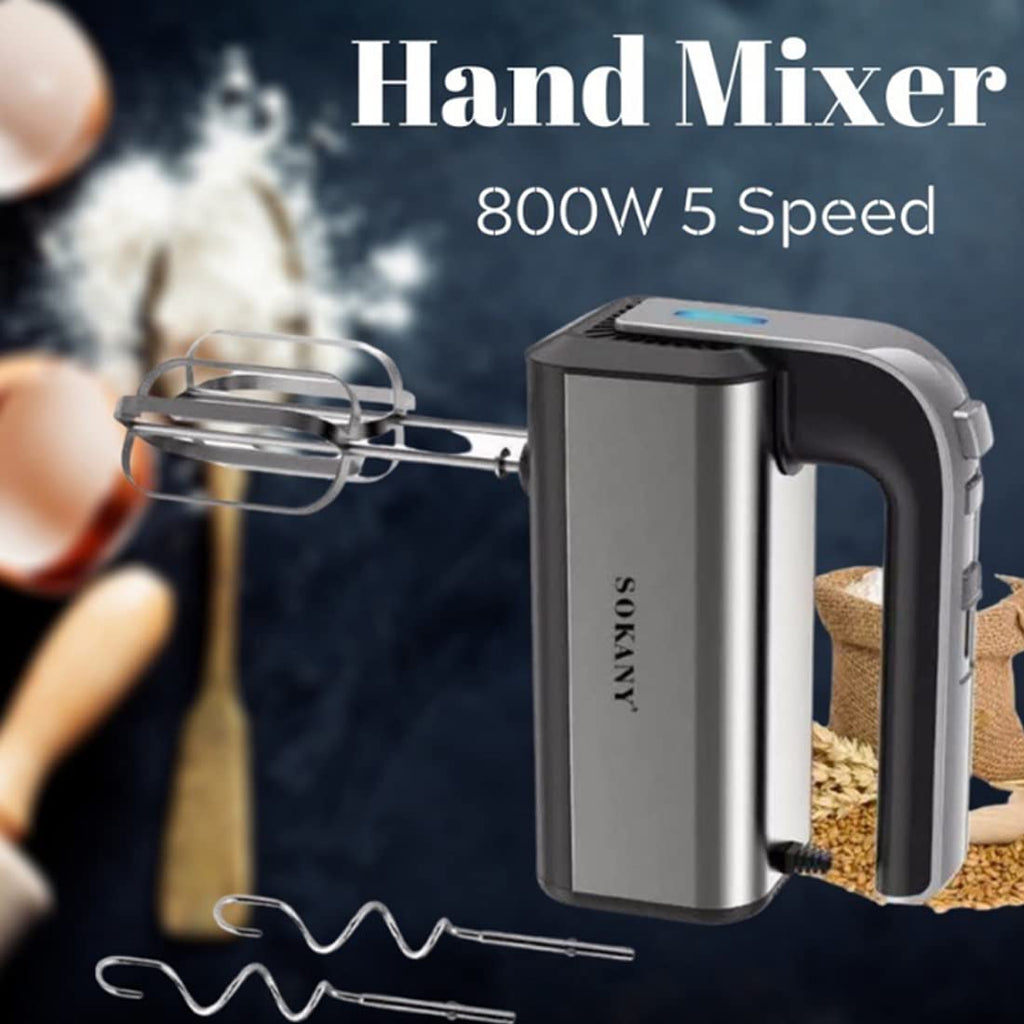 SOKANY 800W Hand Mixer Stainless Steel Kneader Hand Mixer, 5 Speeds with Exit Button, Hand Mixer with 2 Dough Hooks & 2 Beaters (SK-6651)