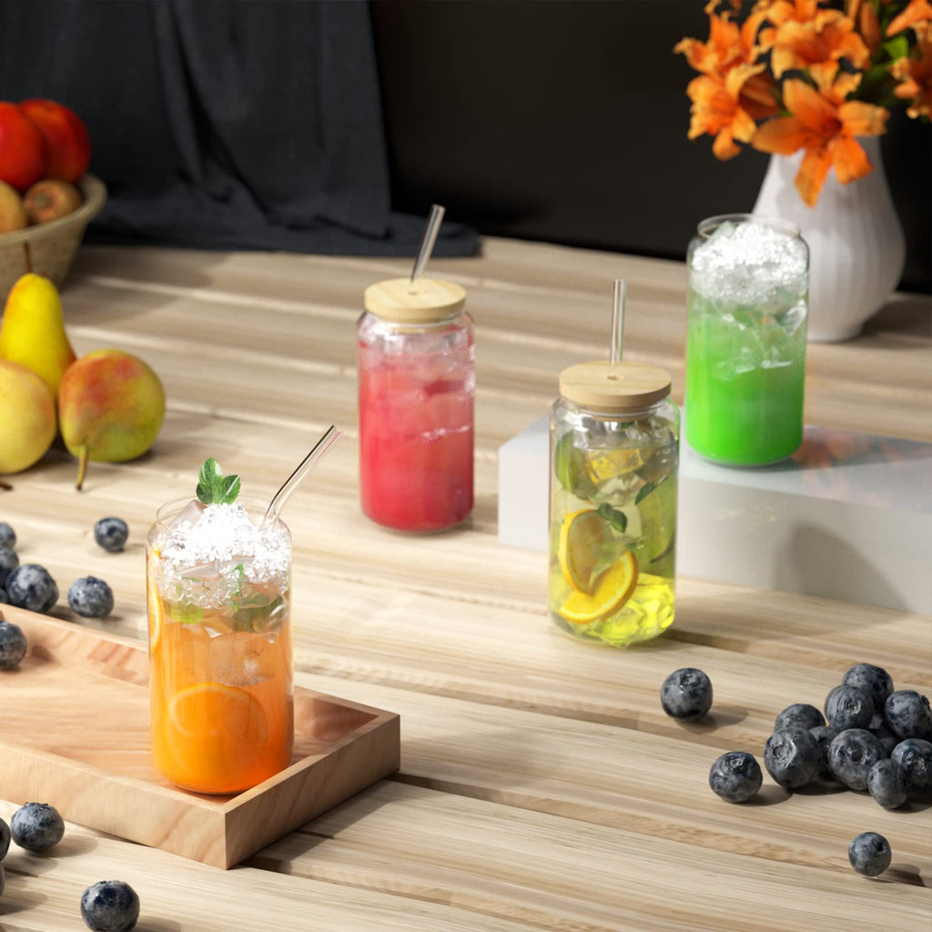 FINEW [Set of 8] Drinking Cups with Lid and Straw Glass, Set of 8 Cocktail Glasses, 16oz/450ml Iced Coffee Glasses, Long Drink Glass with 2 Cleaning Brushes for Bubble Tea, Whiskey, Cocktail, Beer Glasses