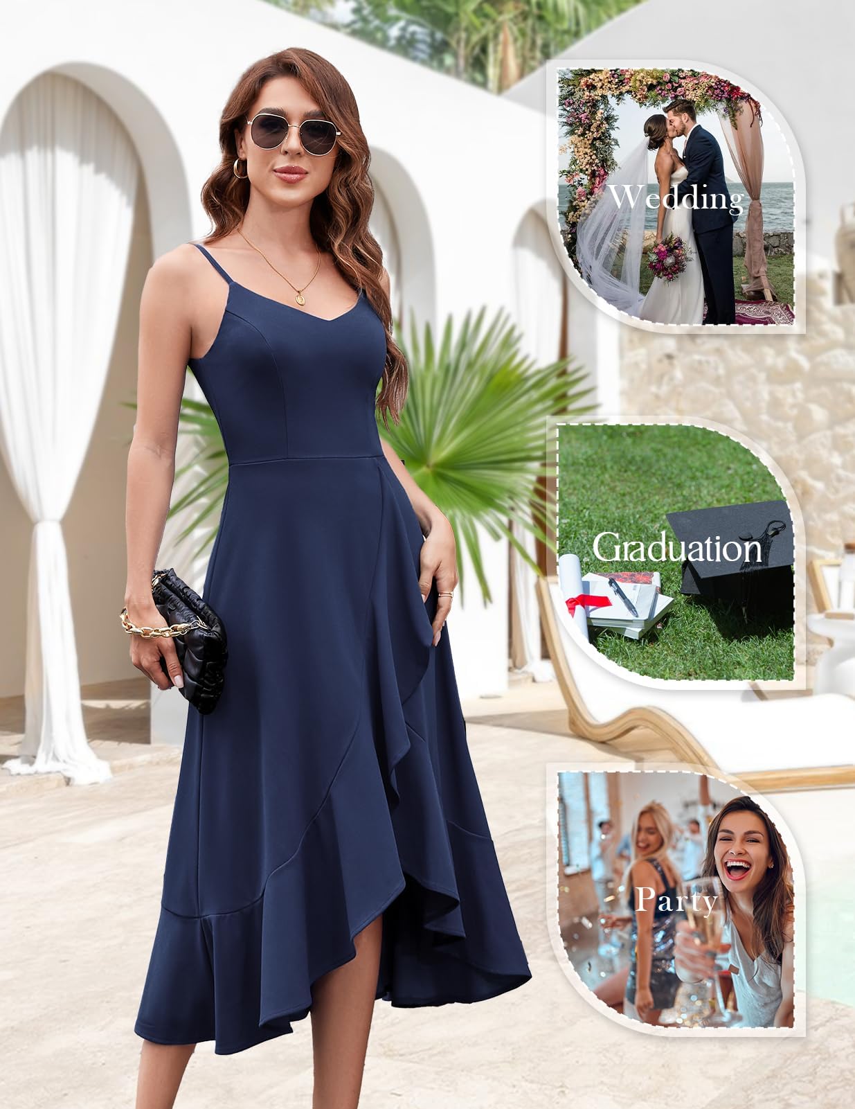 DRESSTELLS Cocktail Dress Women's Festive Straps High Low Dresses for Wedding Dark Blue Knee-Length Ruffle Hem Summer Dress Backless Curvy Elegant Party Dress Navy XL