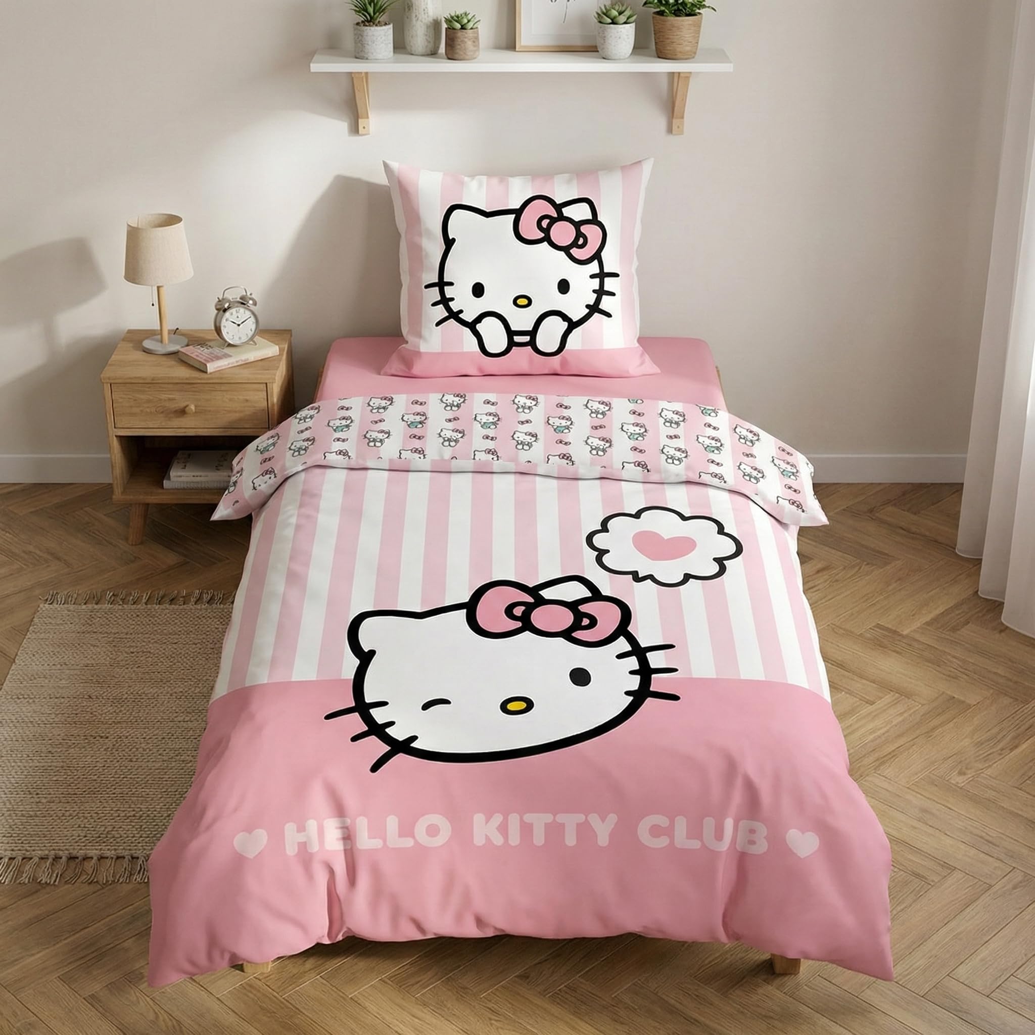 Hello Kitty Duvet Cover Set 100% Cotton 135x200 + 80x80 Heart Striped Design – Pink 135x200