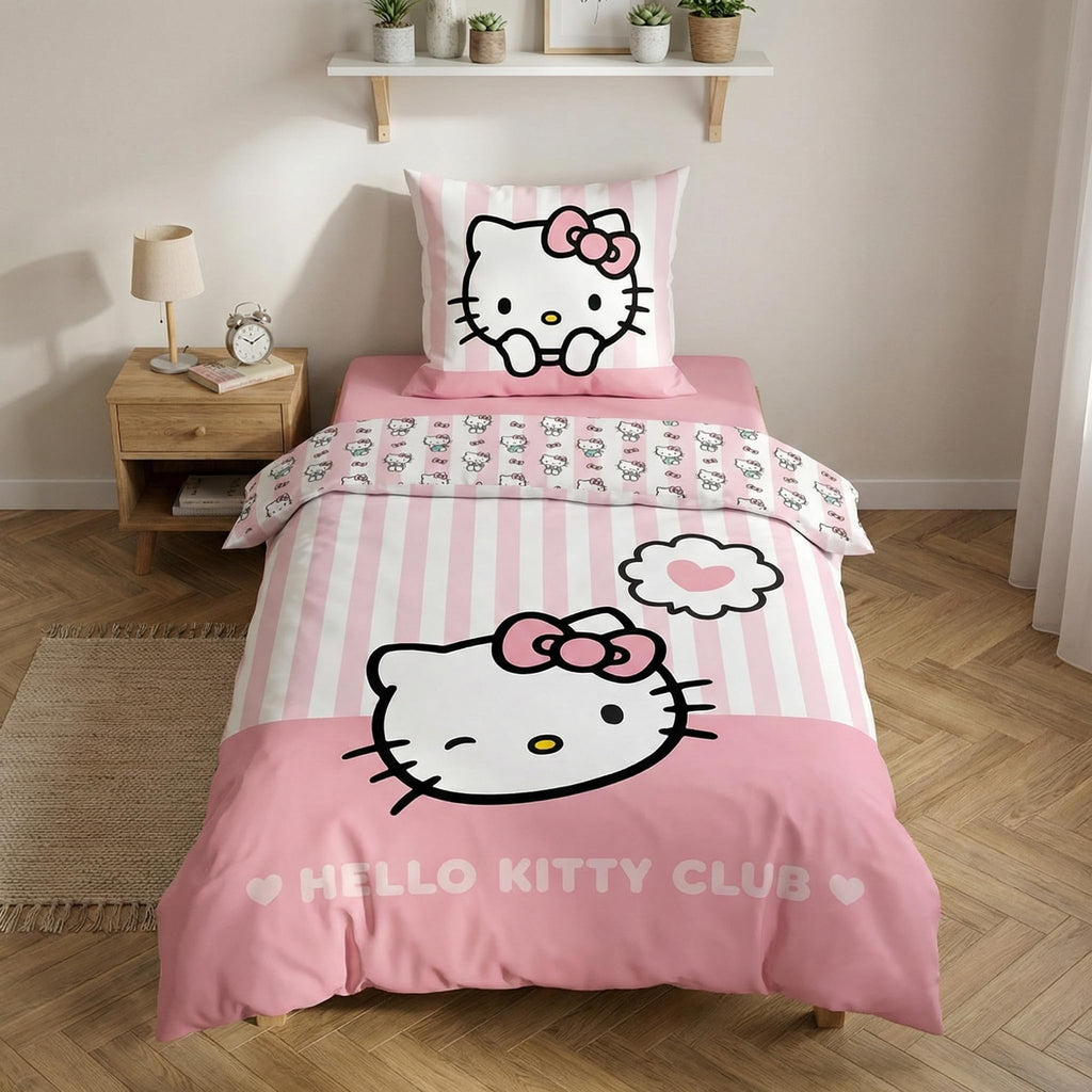 Hello Kitty Duvet Cover Set 100% Cotton 135x200 + 80x80 Heart Striped Design – Pink 135x200