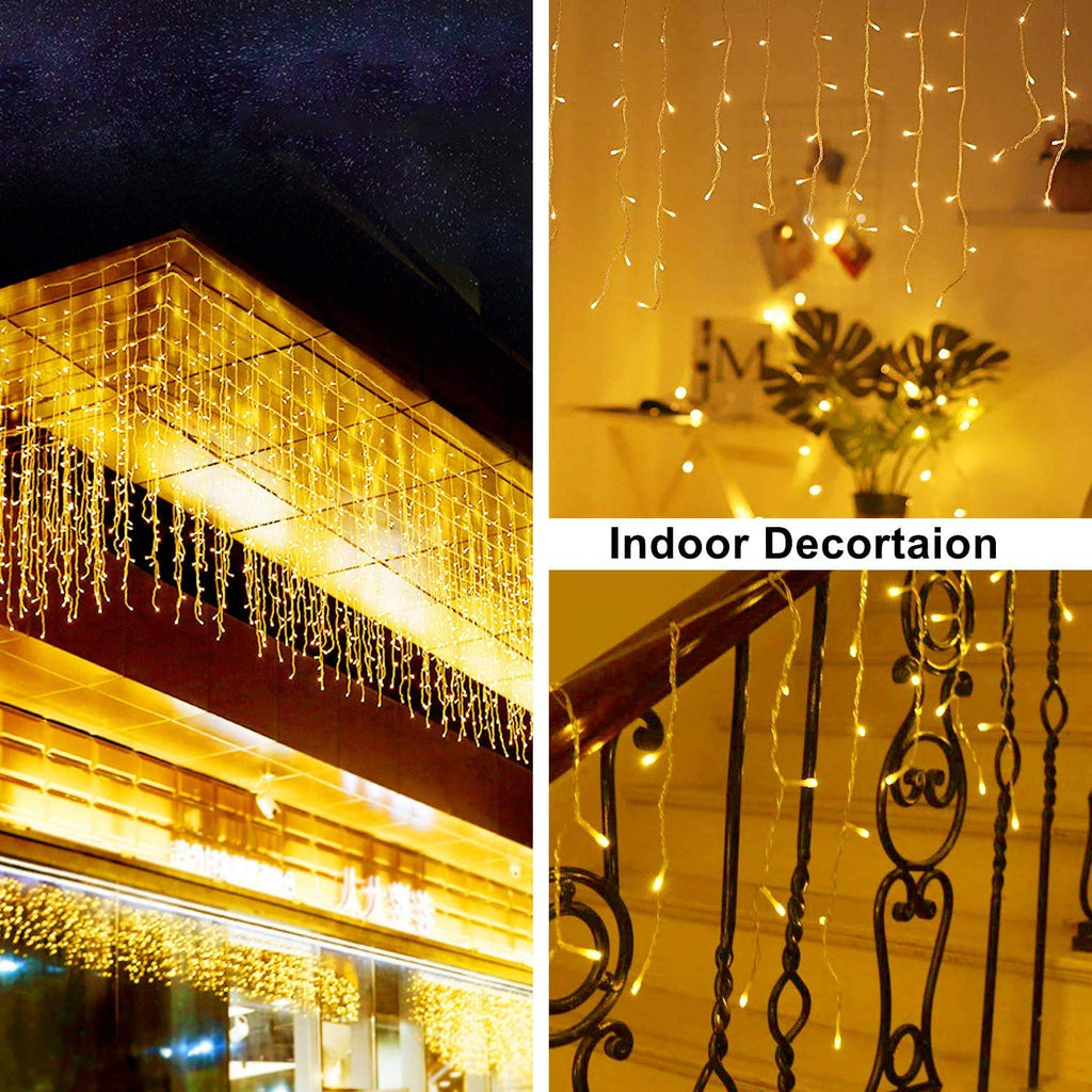 Gresonic 200/400/600 LED 5m/10m/15m icicle light chain light curtain icicle outdoor indoor decoration power operated [energy class A+] (400LED 10m, warm white flashing modes dimmable)