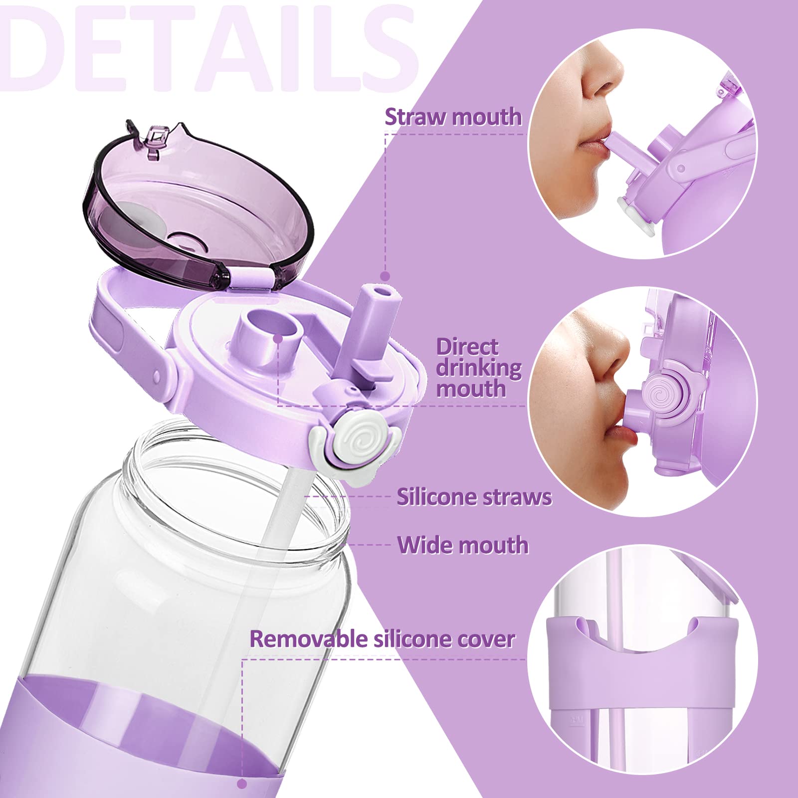 Glass Water Bottle 960ml with Straw & Time Marker Silicone Sleeve Motivational – Purple