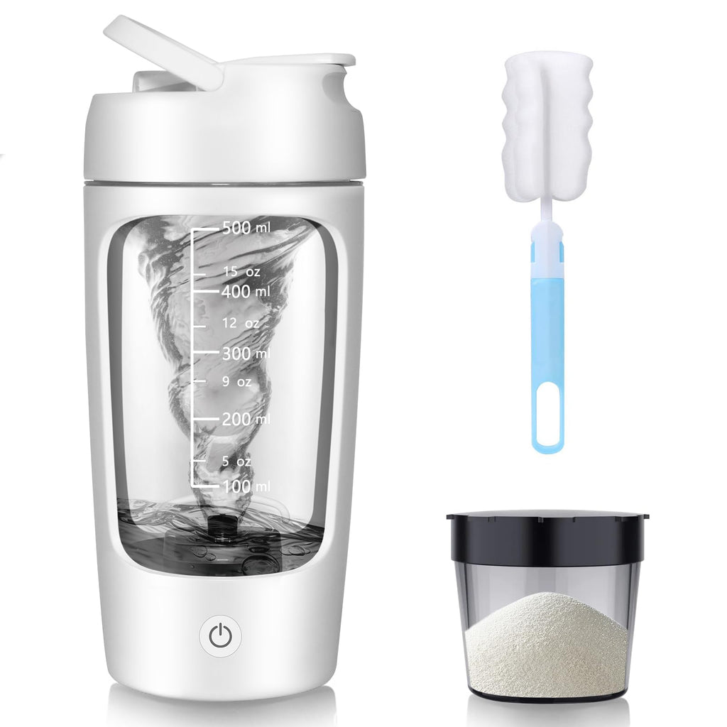 Electric Protein Shaker 650ml USB Rechargeable with Powder Compartment BPA-Free – White