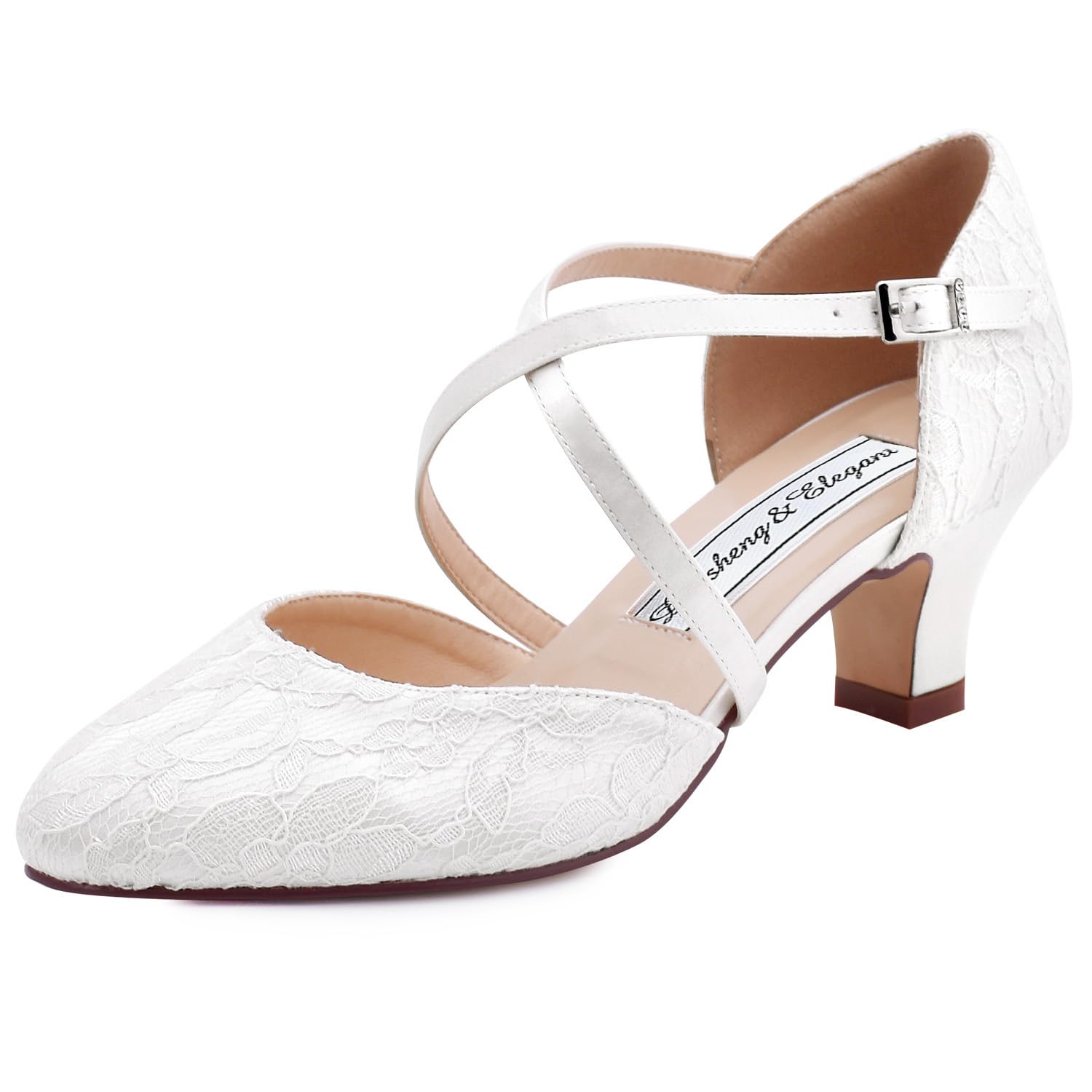 Duosheng & Elegant Closed Toe HC1920 Cross Straps Bridal Shoes Buckle for Women Heel Wedding Bridal Lace Shoes with Lace Ivory Size 38