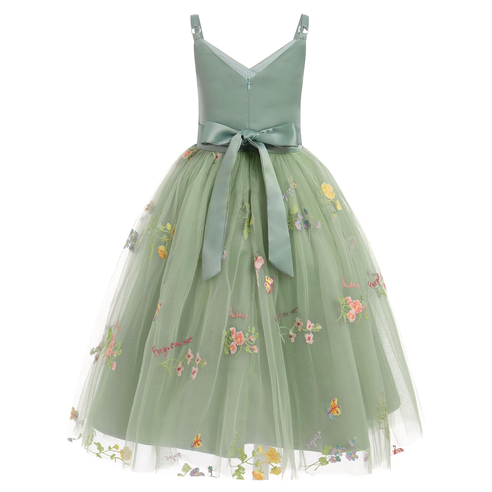 Odizli Flower Girl Dresses Princess Dress Girls Children Sleeveless V-Neck A-Line Tulle Dress Festive Wedding First Communion Communion Dress Evening Dress Long Ball Gown Green Embroidery 9 Years