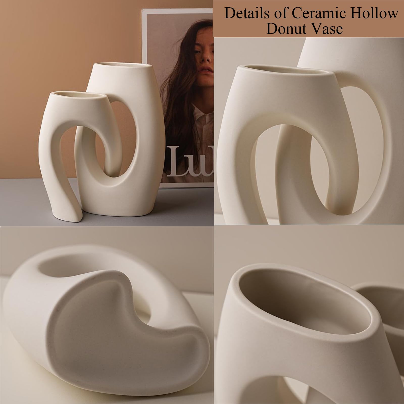 Donut Vase Set of 2 Ceramic Vase White Matt Boho Vase Pampas Grass Vase White Minimalist for Living Room, Bedroom, Kitchen, Office, Wedding Decoration