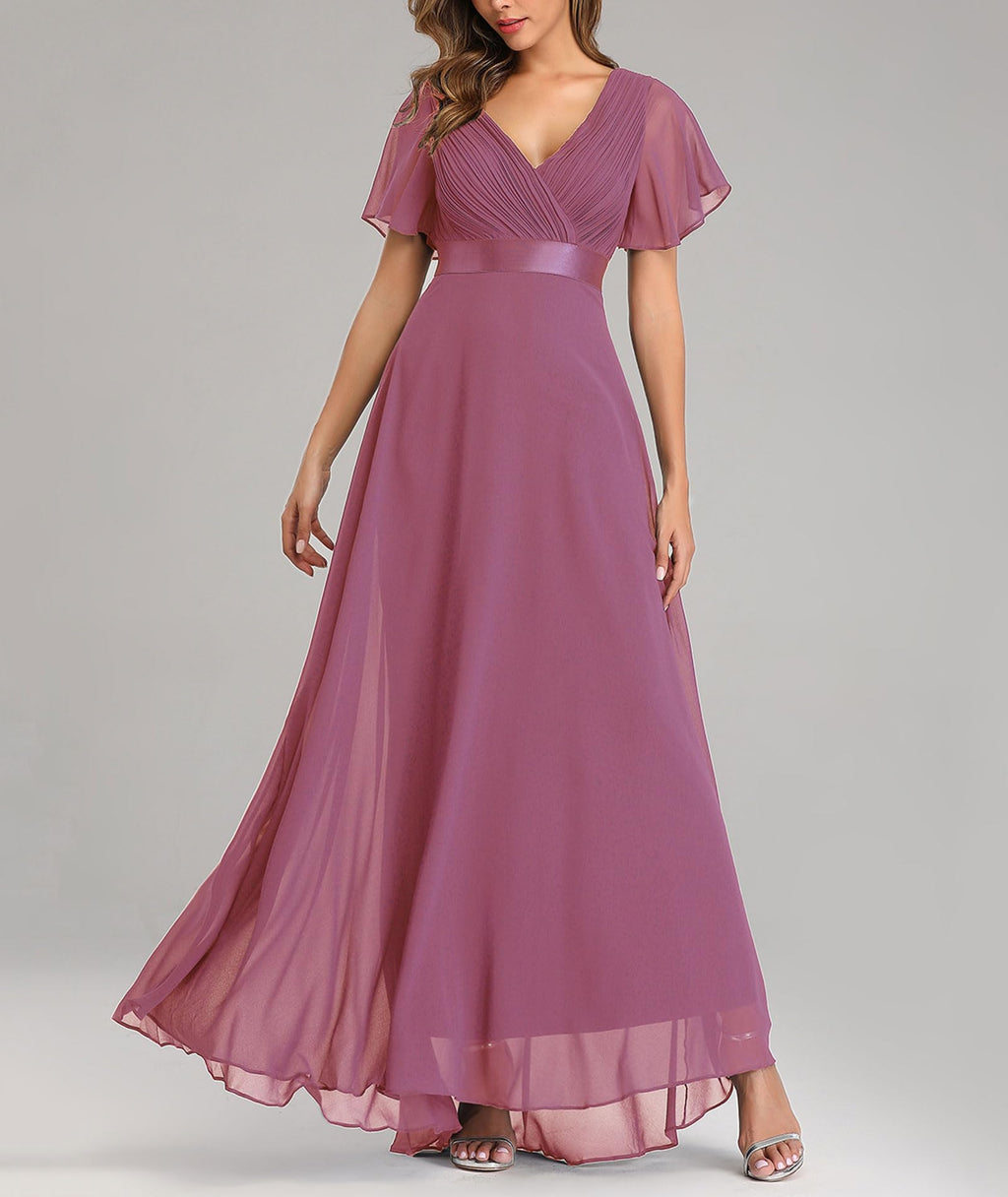 Evening Chiffon A-Line Bridesmaid Dress V-Neck High Waist Long Ball Gown with Belt – L