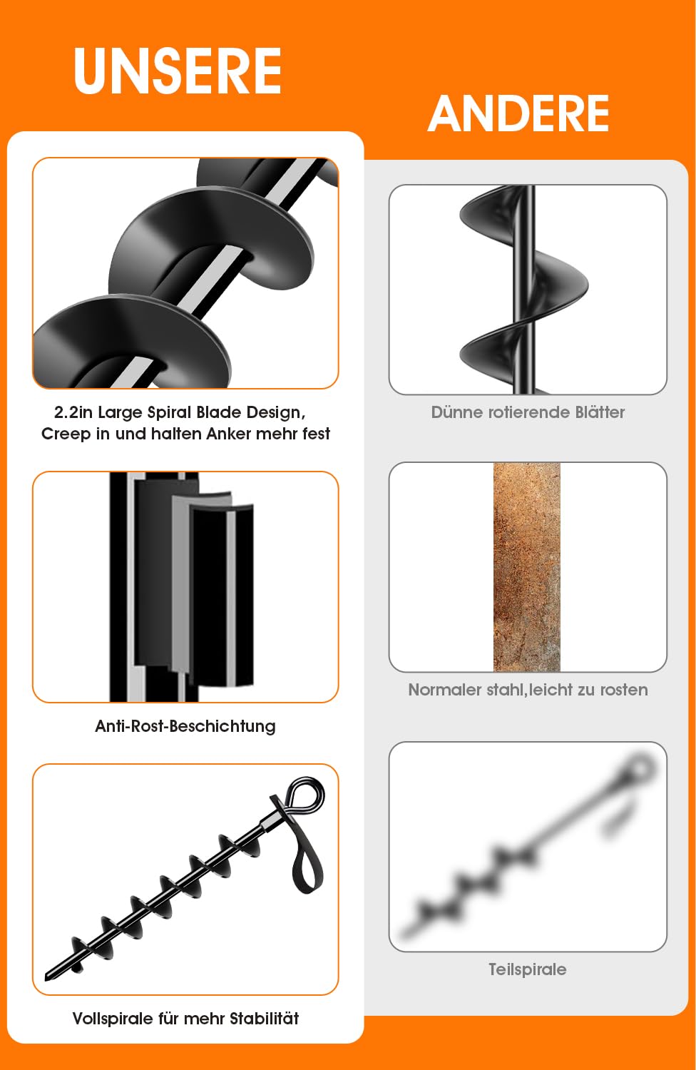 Heavy-duty ground anchors 4 pack, robust, fully screwed ground anchors with straps for securing trampolines, canopies, swings, etc.