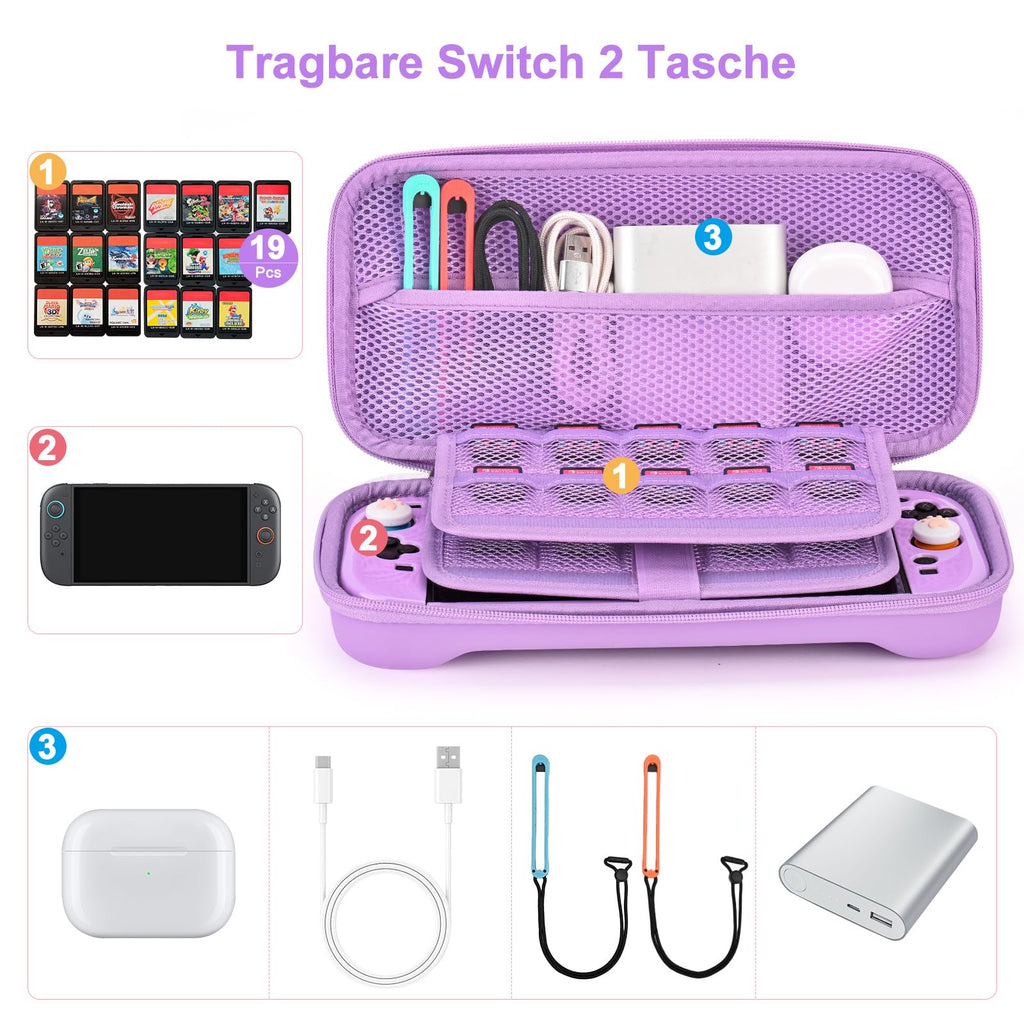 Switch 2 Carrying Case 15-in-1 with 19 Game Card Slots & J-Con Storage Protective – Purple