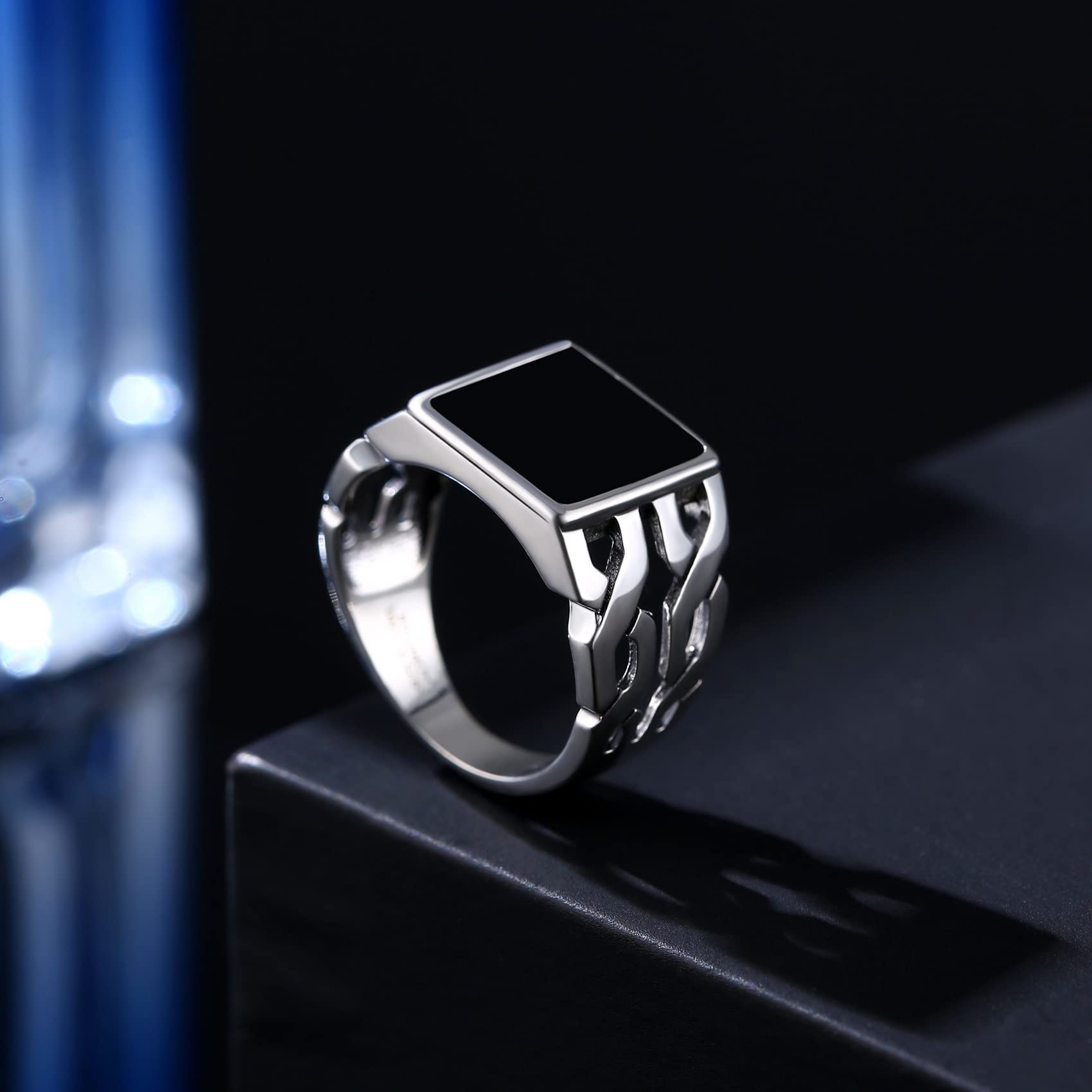 Men’s Sterling Silver Ring Square Black Onyx 925 – US13