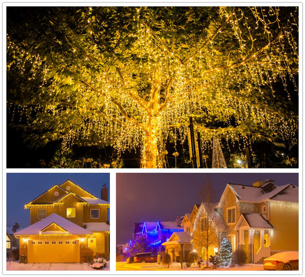 Gresonic 200/400/600 LED 5m/10m/15m icicle light chain light curtain icicle outdoor indoor decoration power operated [energy class A+] (400LED 10m, warm white flashing modes dimmable)
