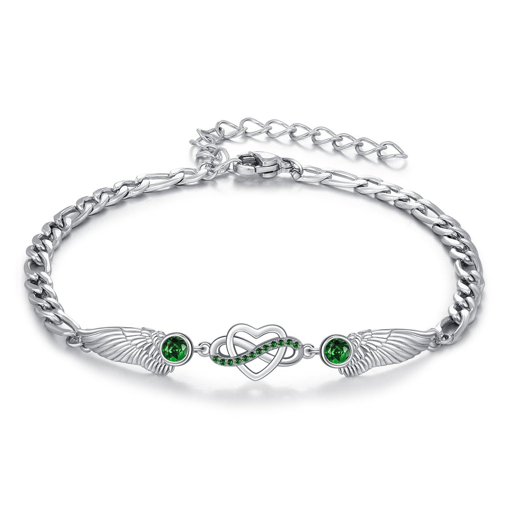 925 Sterling Silver Infinity Bracelet with Heart & Wings April Stone – Silver 15cm+5cm