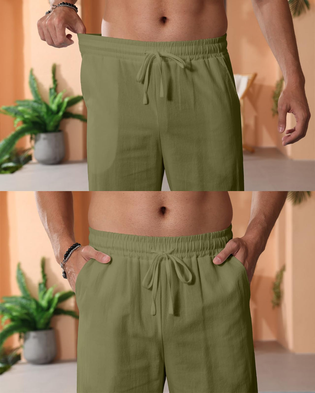 Men's Linen Trousers Relaxed Fit Elastic Waist Drawstring – Green 3XL