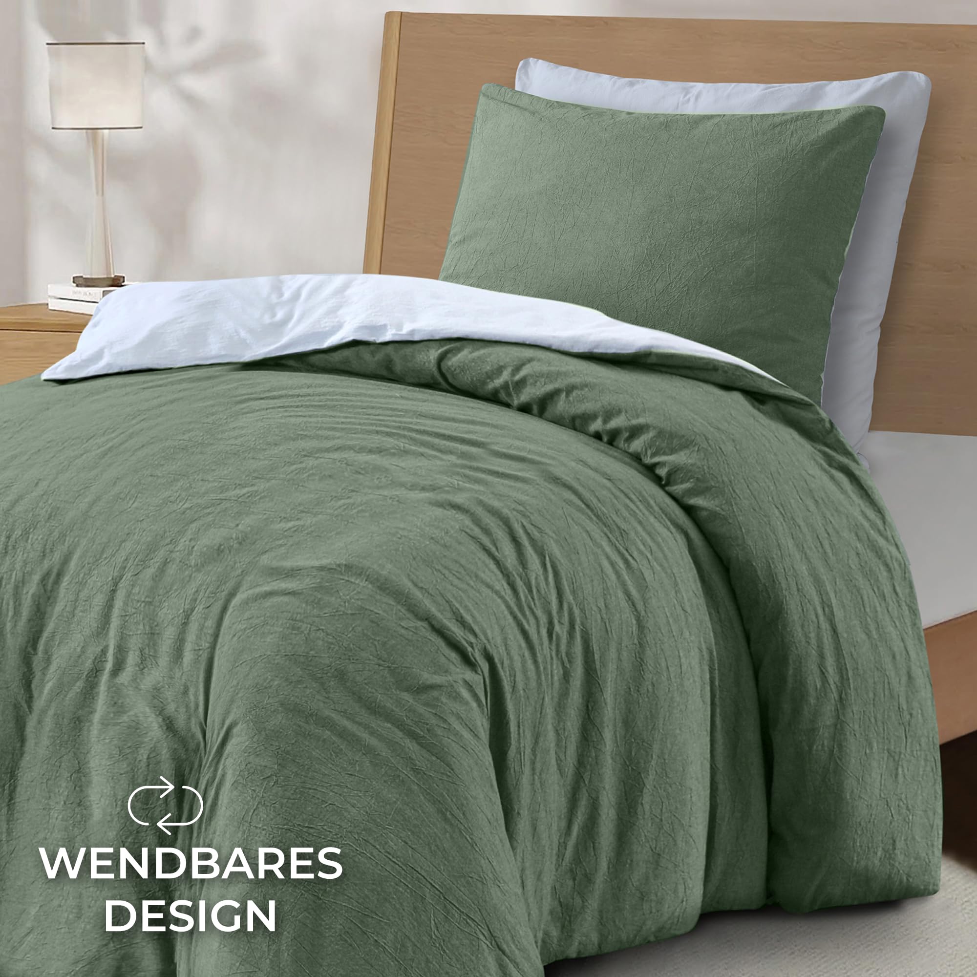 Dreamzie Bedding 135x200 Cotton, Bedding Sets Green with Zipper, Similar Texture to Stone Washed Linen, Includes 1 Duvet Cover 135x200 and 1 Pillowcase 80x80