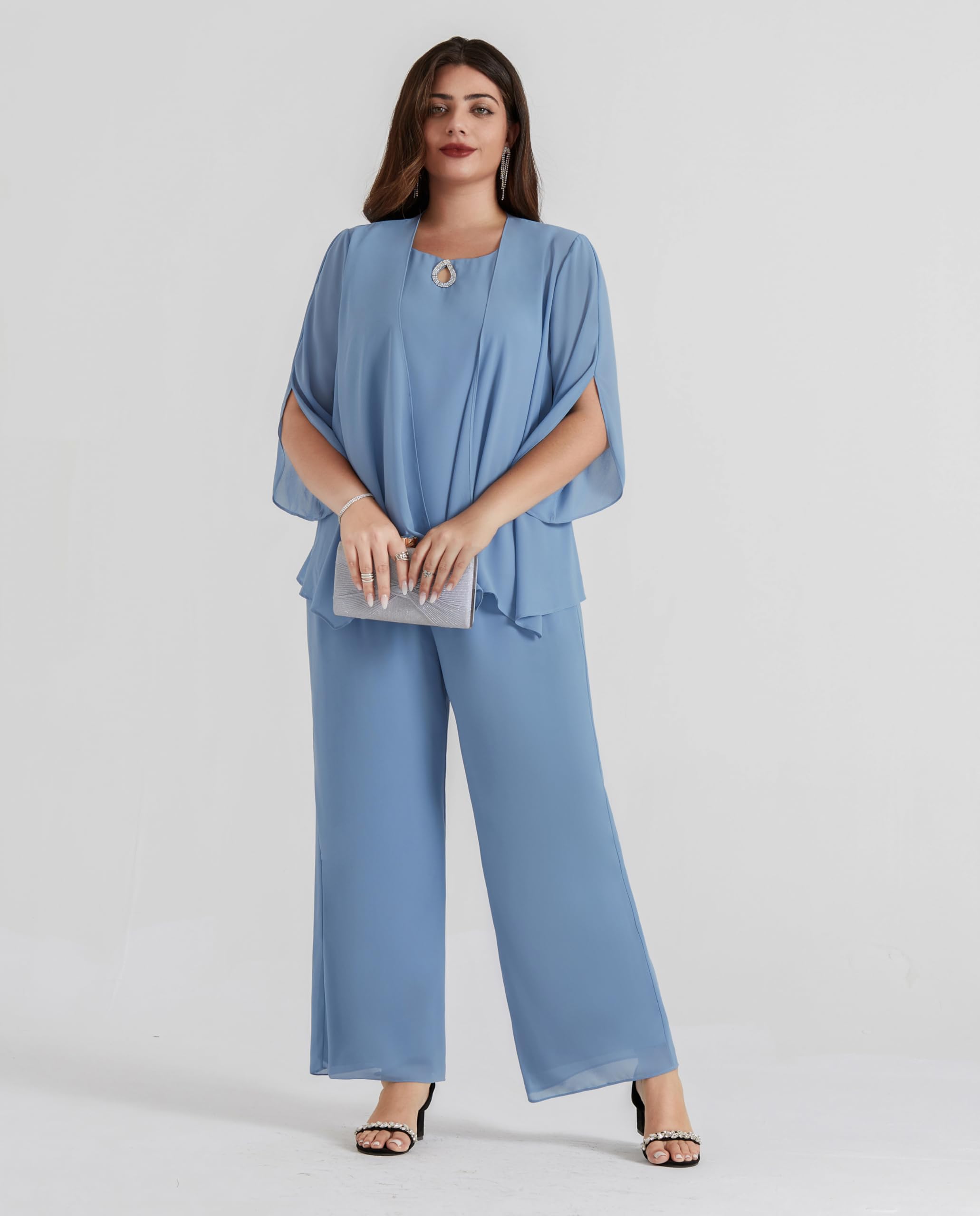 Plus Size Women's Trouser Suit 3 Piece Elegant Outfit with Chiffon Shirt – Gray Blue 52