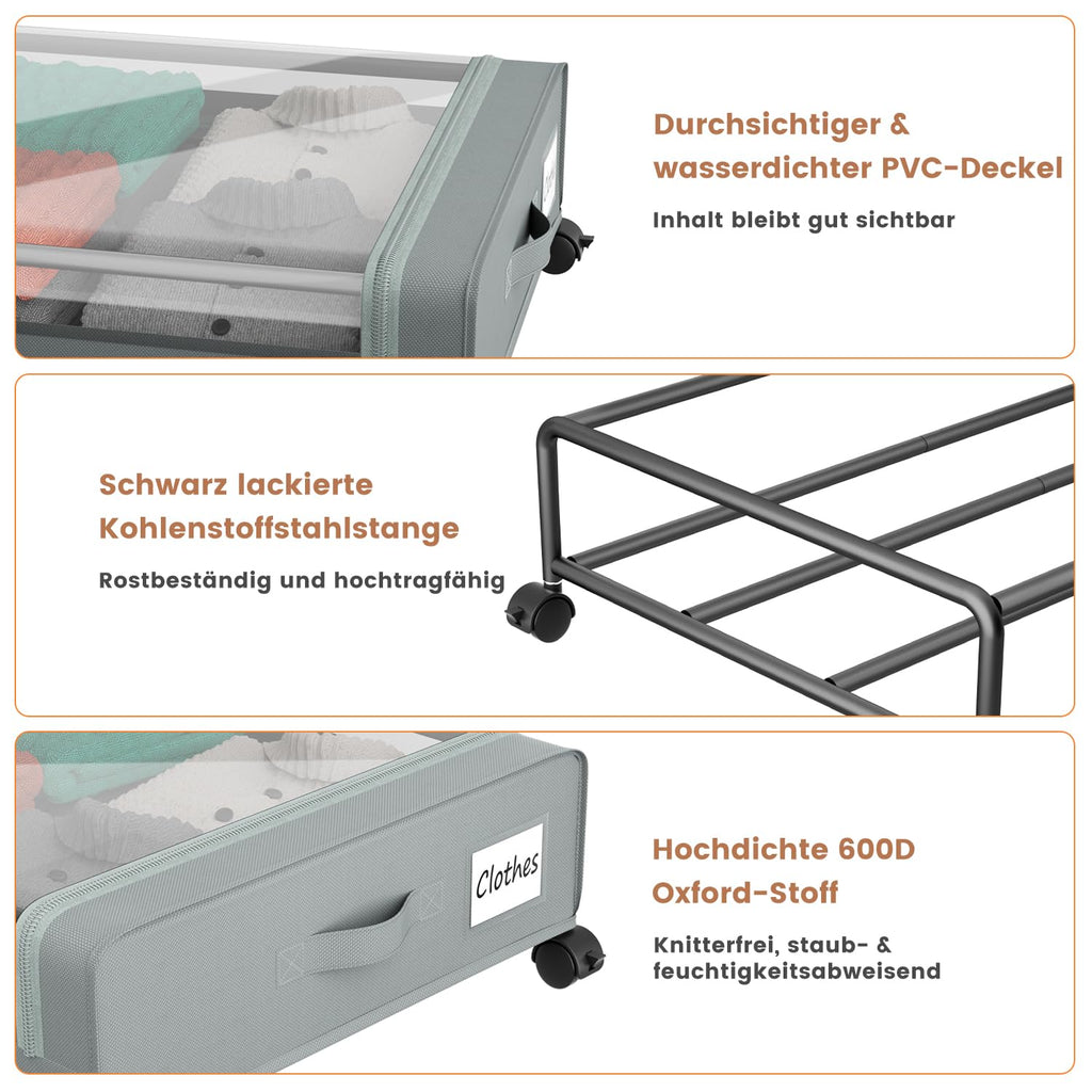 Underbed Storage Box with Wheels – 2 Pack Grey Fabric & Metal 74x42x16cm